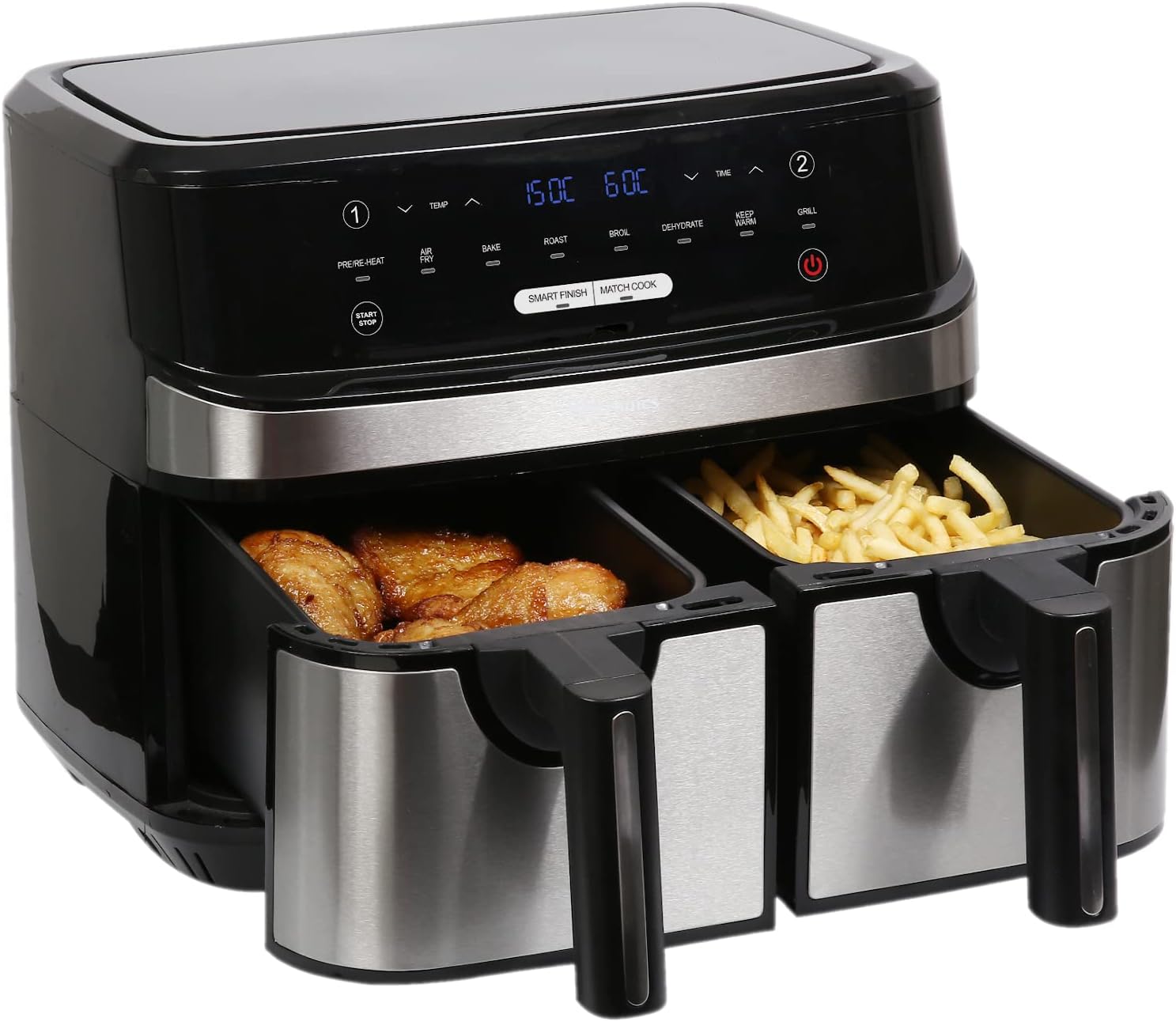 EMtronics EMAFDD9LSL Dual Air Fryer Extra Large Family Size Double XL 9 Litre with 8 Pre-Set Menus for Oil Free & Low Fat Healthy Cooking, Easy Clean Metal Interior, 99-Minute Timer - Stainless Steel - Image 7