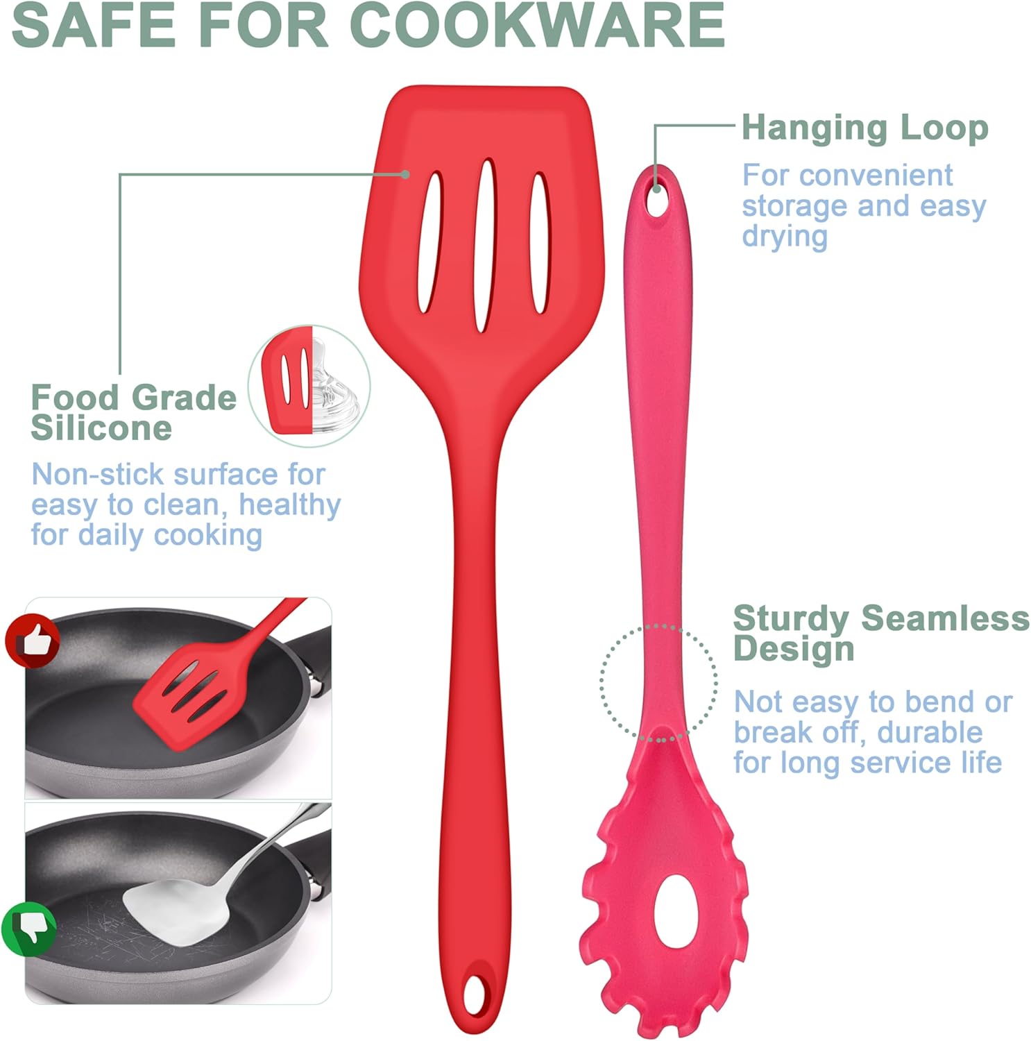 Onader 6 Piece Kitchen Utensils Set, Non-Stick Silicone Cooking Utensils Set Include Spoon Turner Skimmer Safe for Cookware, Heat Resistant & Dishwasher Safe, Multicolor - Image 3