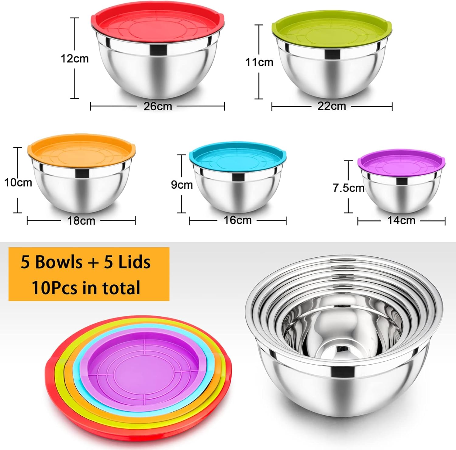 Homikit Stainless Steel Mixing Bowls with Airtight Lids, 5 Piece Nesting Salad Bowls for Space-Saving Storage, Metal Serving Bowl for Kitchen Baking/Cooking/Prepping, Size 0.7/1/1.5/2.6/4.6QT - Image 2