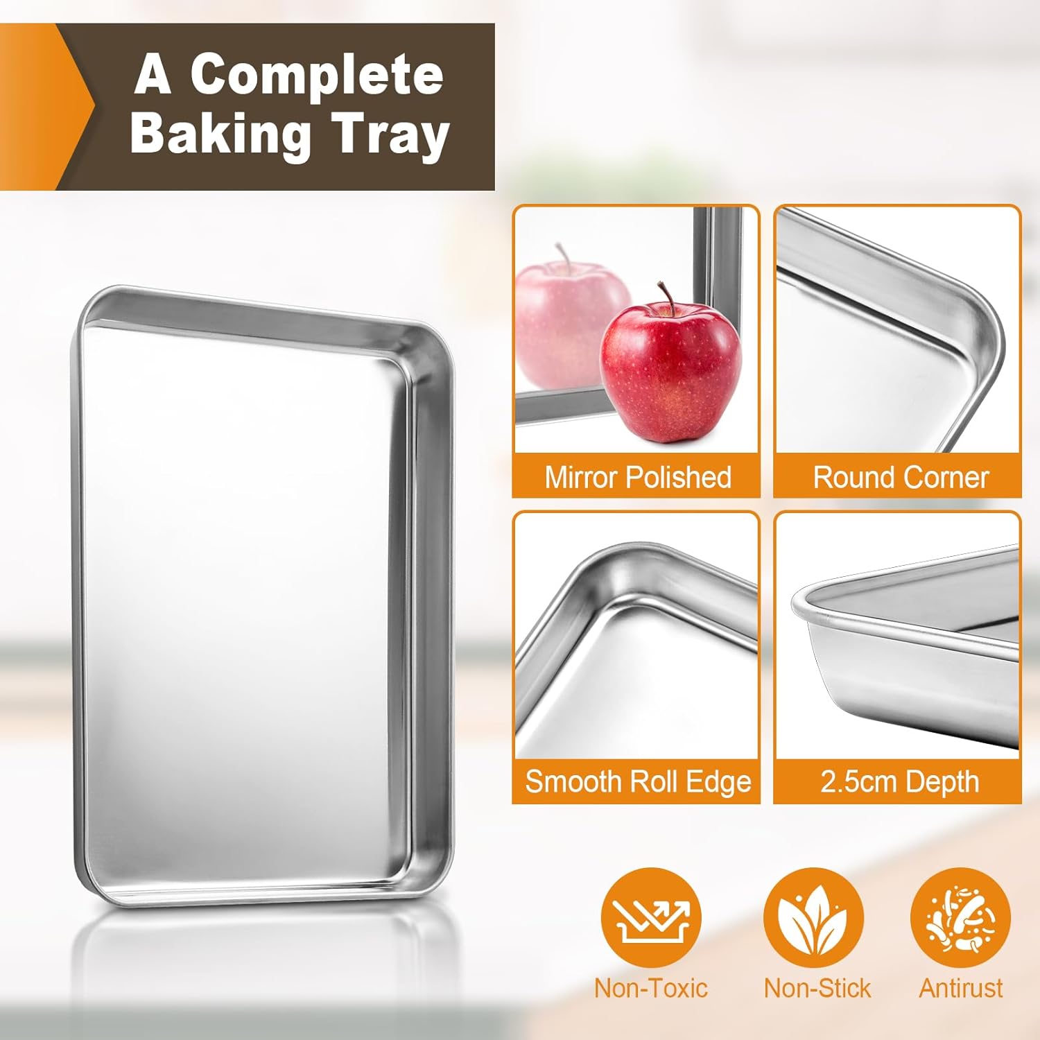Baking Tray Set of 2, Bastwe Stainless Steel Oven Trays, Rectangle Baking Sheets Pans Perfect for Cooking Serving, Non Toxic & Rust Free, Mirror Finished & Dishwasher Safe (9 x 7 x 1 inch) - Image 2