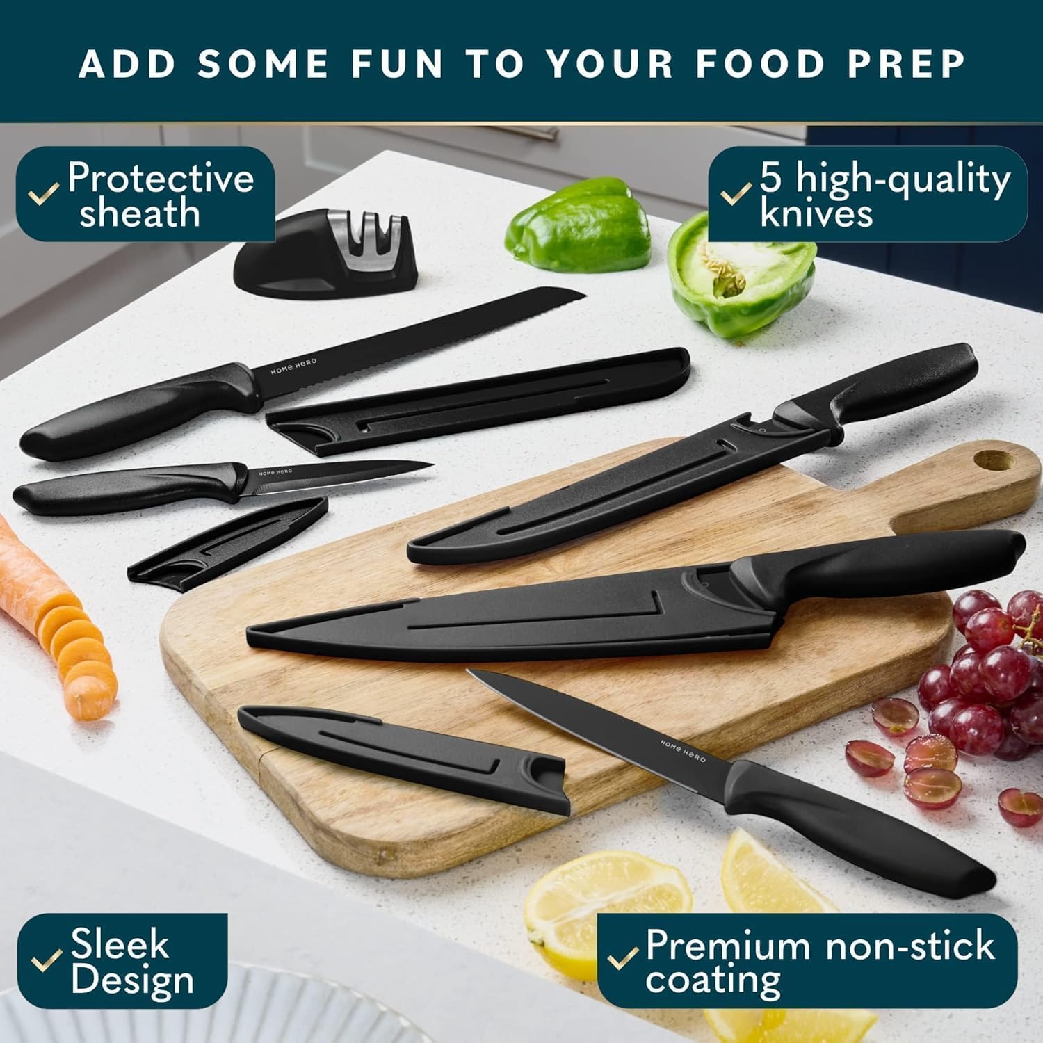 Home Hero 5-Piece Kitchen Knife Set with Protective Sheaths & 2-Stage Sharpener, Black Stainless Steel Chef, Bread, Carving, Utility & Paring Knives - Image 3