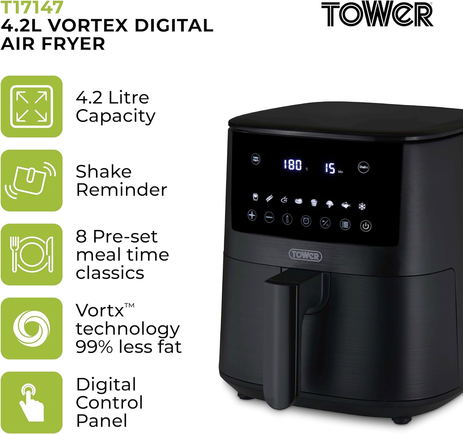 Tower T17147 Vortx 4.2L Digital Air Fryer with 8 Cooking Presets, 60 Minute Timer, 1400W, Black - Image 2