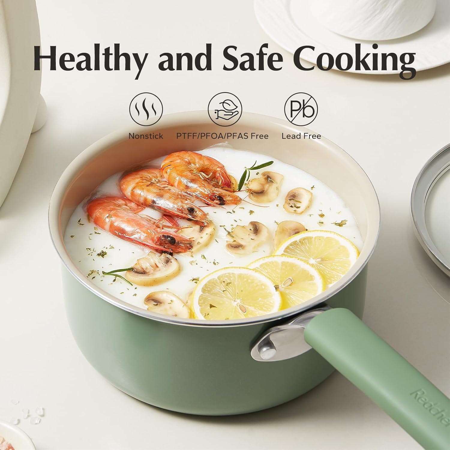 Redchef Ceramic Nonstick Saucepan with Lid,20cm Small Cooking Pot,Non Toxic Sauce Pans for Kitchen, Cool Handle PFAS Free Compatible with All Cooktops, Green - Image 4
