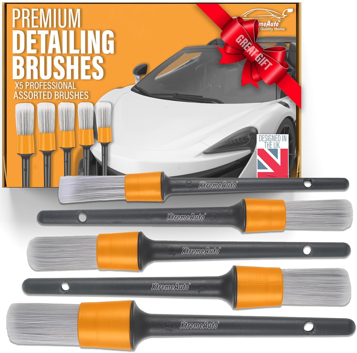 Xtremeauto Car Detailing Brushes Set - 5pc Professional Detailing Brushes, Ultra Soft Brush, Non Scratch For Cleaning Car Interior & Wheels, Delicate Valeting Interior Detail Brushes Alloy Wheels