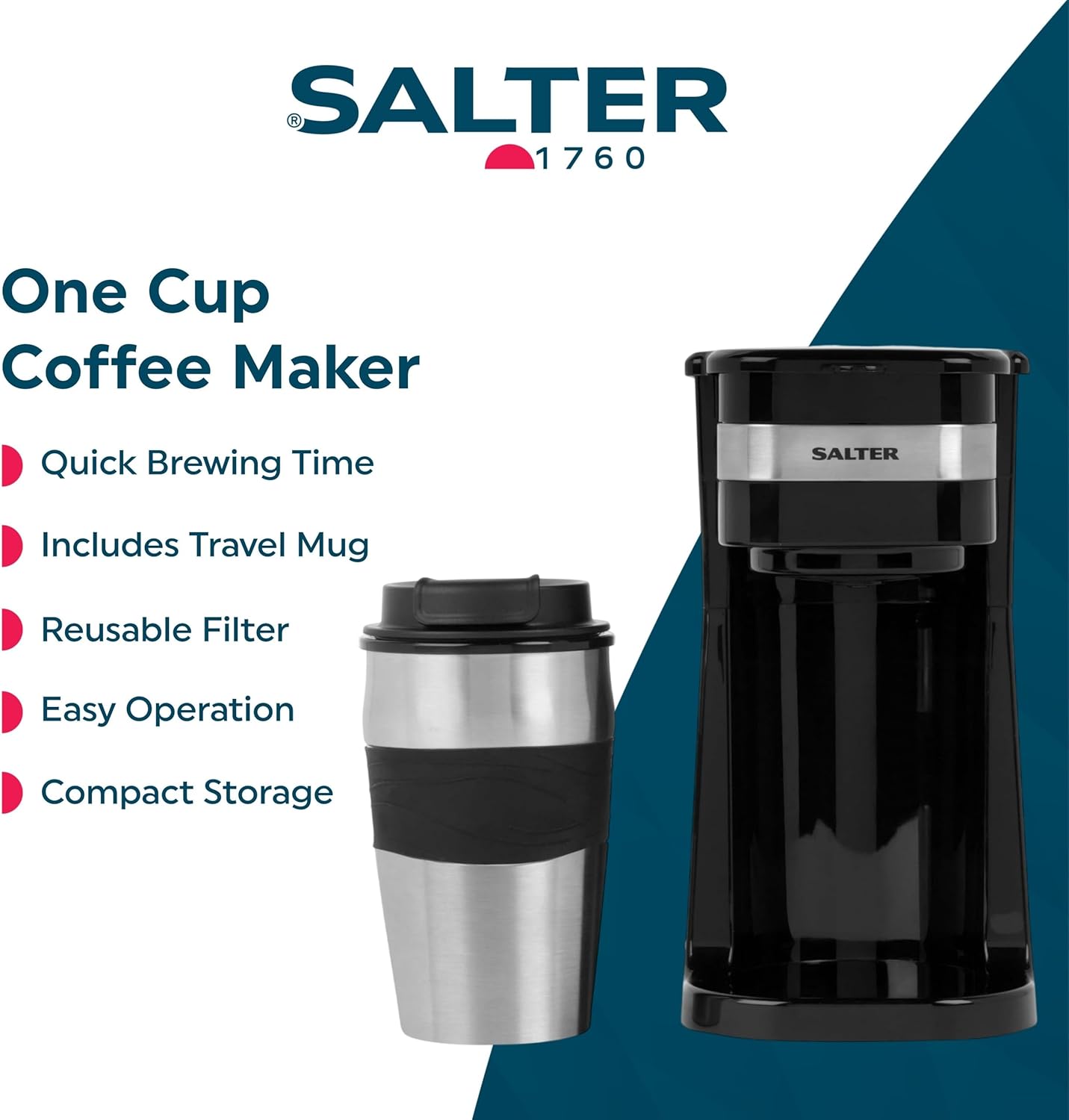 Salter One Cup Coffee Maker – Filter Coffee Machine, Washable & Reusable Filter, Includes 420ml Stainless Steel Travel Mug, Brew Coffee To Go In 3-4 Minutes, Suitable For Ground Coffee/Pads - Image 2