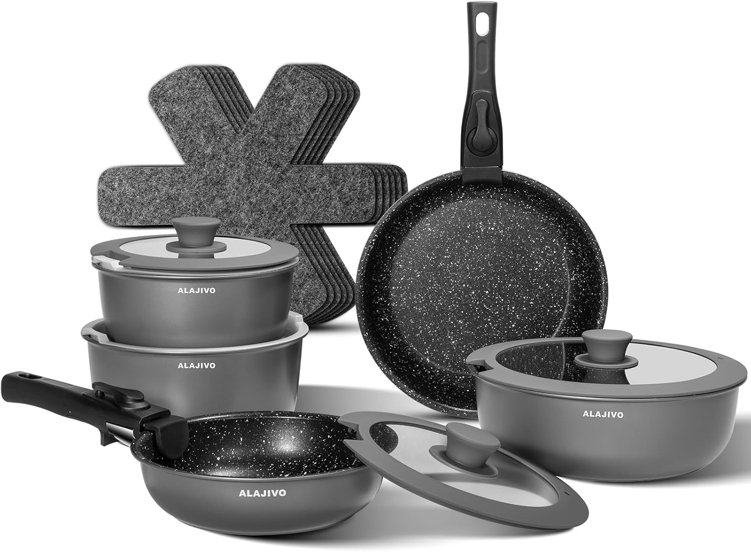 Non Stick Pots and Pans Set 17 Piece, Induction Hob Pan Set, Nonstick Removable Handle Kitchen Cookware Sets, Pot Set, Frying Pans Sets, Saucepan Sets with Lids - Image 8