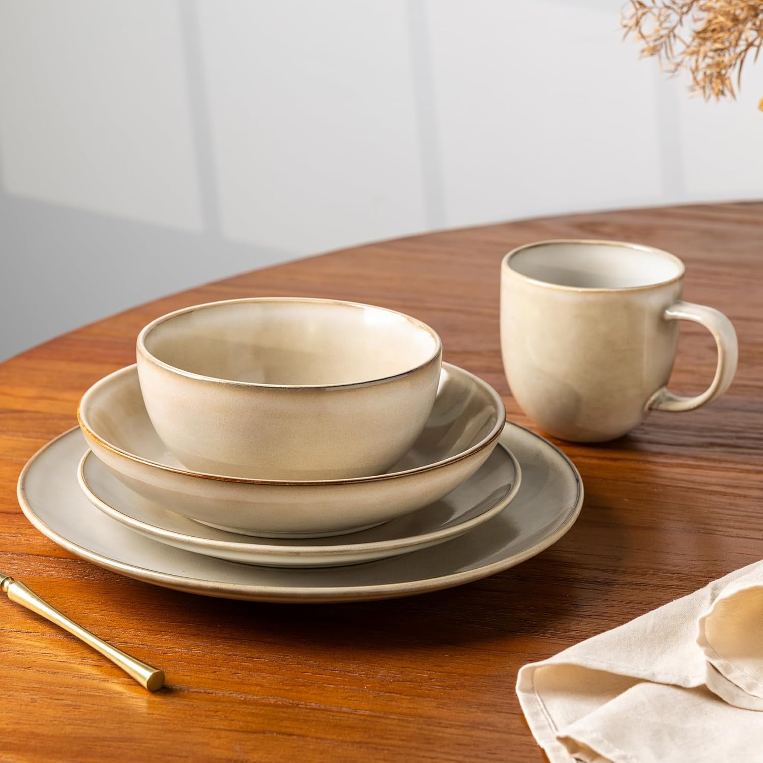 GBHOME Ceramic Dinnerware Sets for 6, 24 Pieces Handpainted Plates and Bowls Set, Scratch Resistant Stoneware Dishes Set, Dishwasher & Microwave Safe, Cappuccino - Image 2