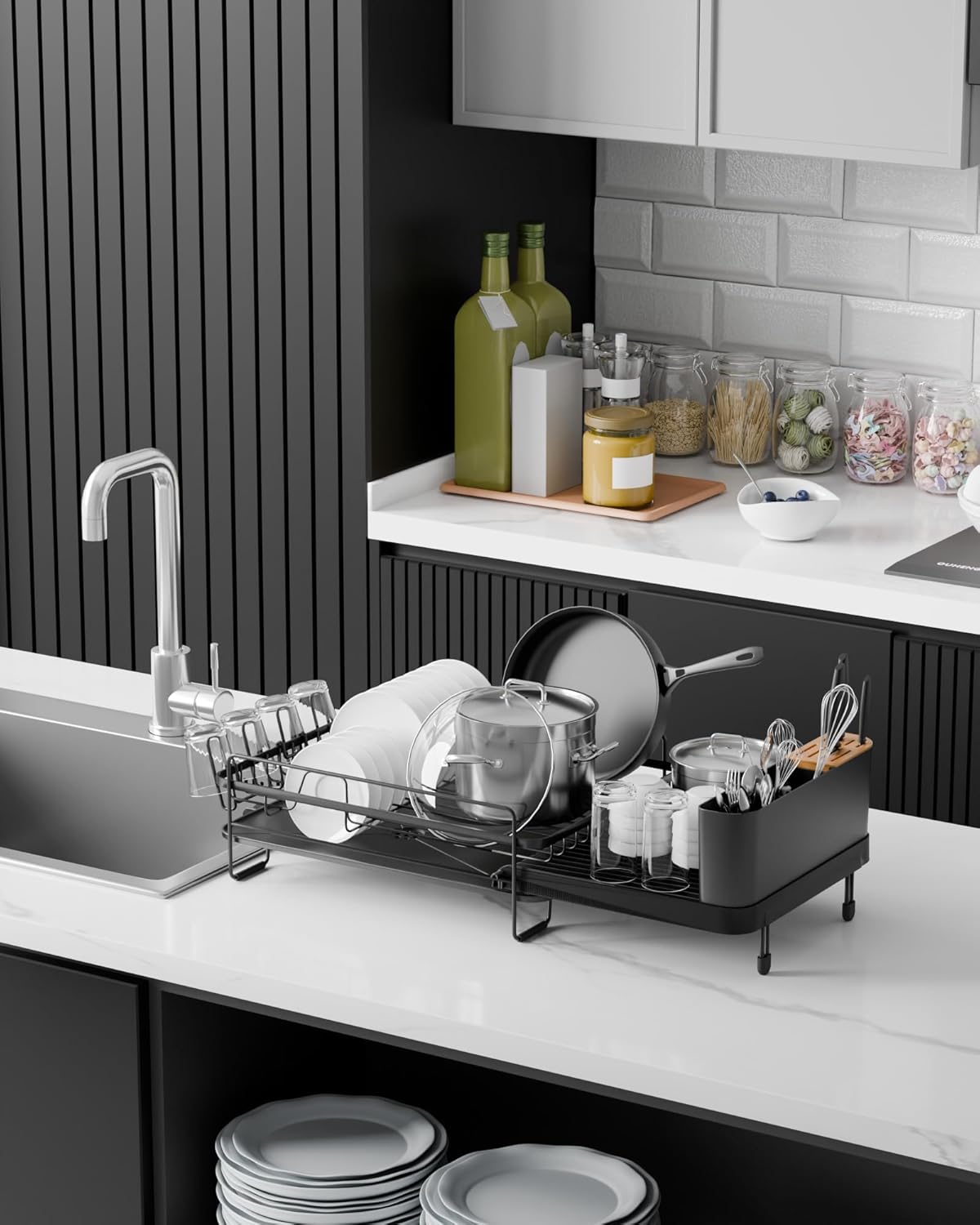 Kitsure Dish Drainer Rack - Extendable Dish Drainer, Multifunctional Dish Rack for Kitchen Counter, Anti-Rust Draining Board Rack with Cutlery & Cup Holders, 67.8cm x 32.7cm x 14.9cm, Black - Image 8