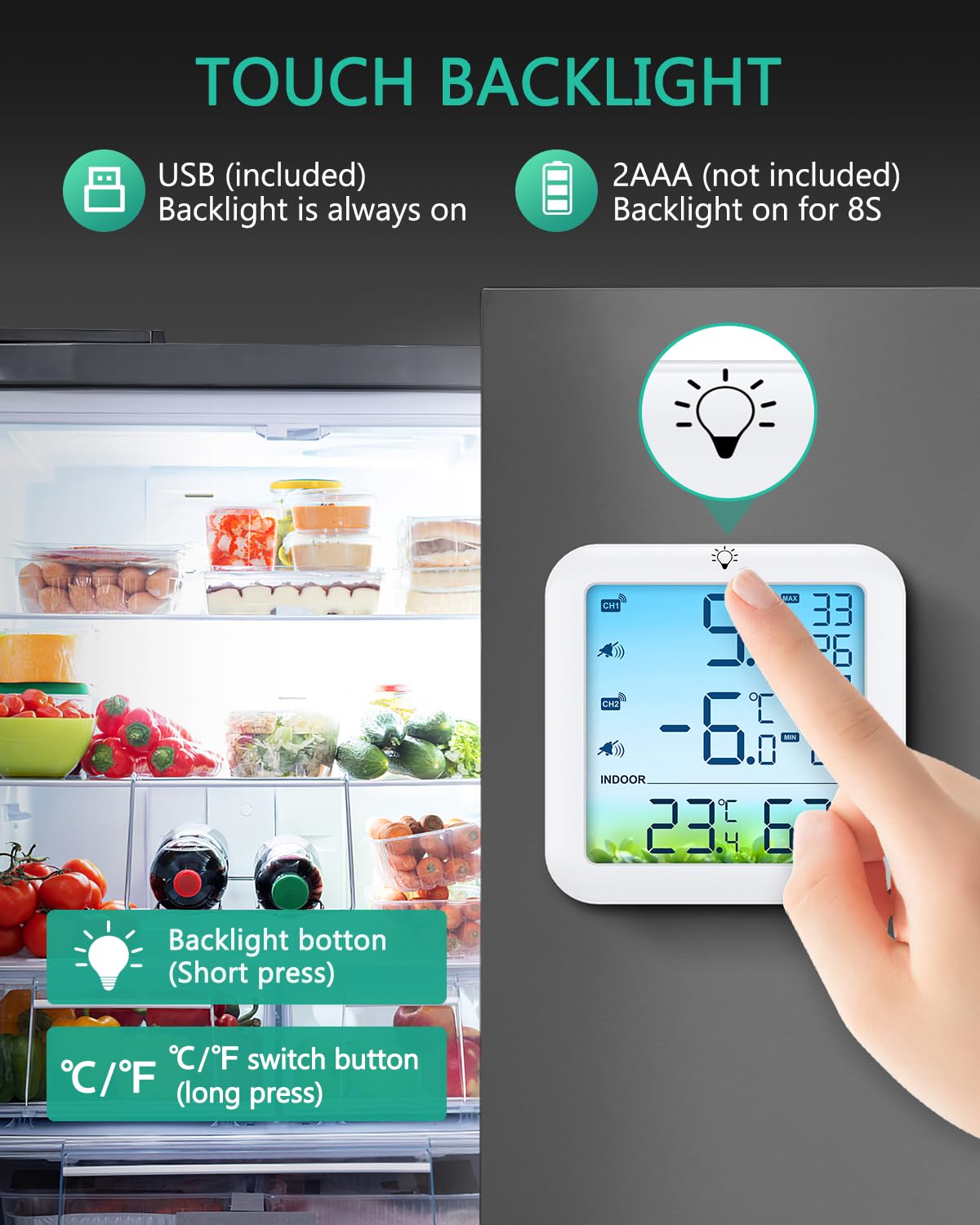 ORIA Wireless Fridge Thermometer, Digital Refrigerator Thermometer with 2 Sensors, Color Display, Max/Min Values, Alarm, USB/Battery Powered Freezer Temperature Sensor for Home - Image 6