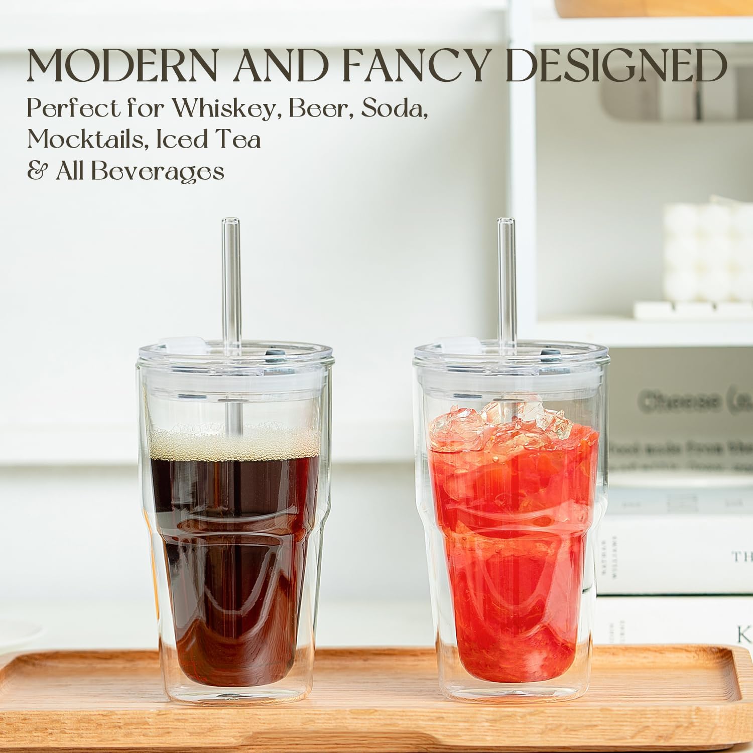 KEMORELA 2 Pack 16oz (480ml) Double Wall Glass Cups with Lids & Straws, Insulated Borosilicate Glass Coffee & Matcha Cups for Daily Use, Reusable Glass Drinkware - Image 2