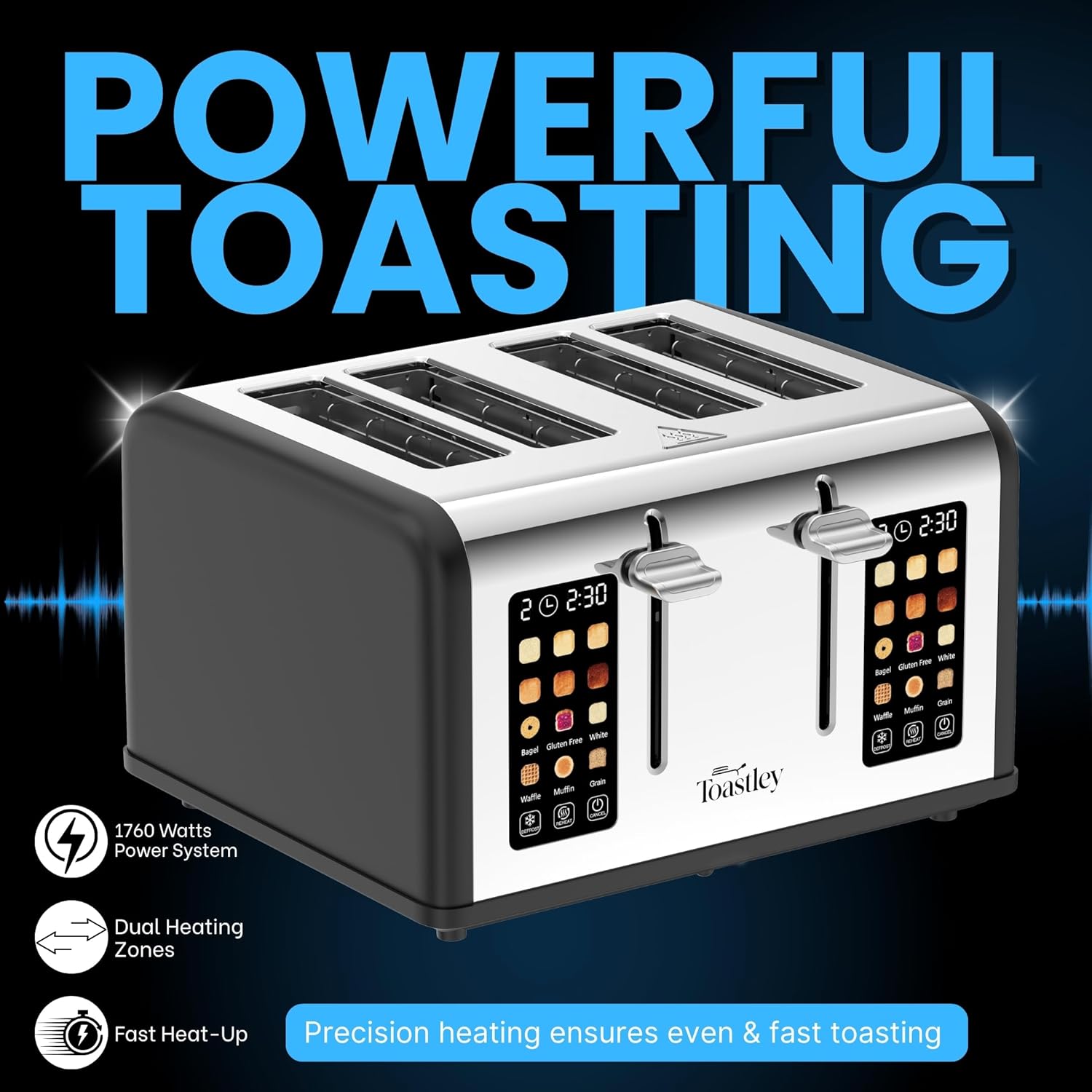4-Slice Toaster with Touchscreen Controls, Extra-Wide Slots, Bagel & Defrost Settings, Digital Countdown Timer, Dual Independent Panels, 1760W, Matt Black - Image 4