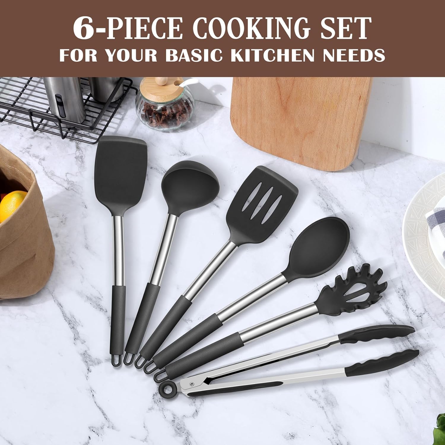 Onader Black Kitchen Utensils Set, 6 Pieces Silicone Cooking Utensils for Non-Stick Cookware, Heat Proof Kitchen Cooking Tools, Stainless Steel Handle & Dishwasher Safe - Image 5