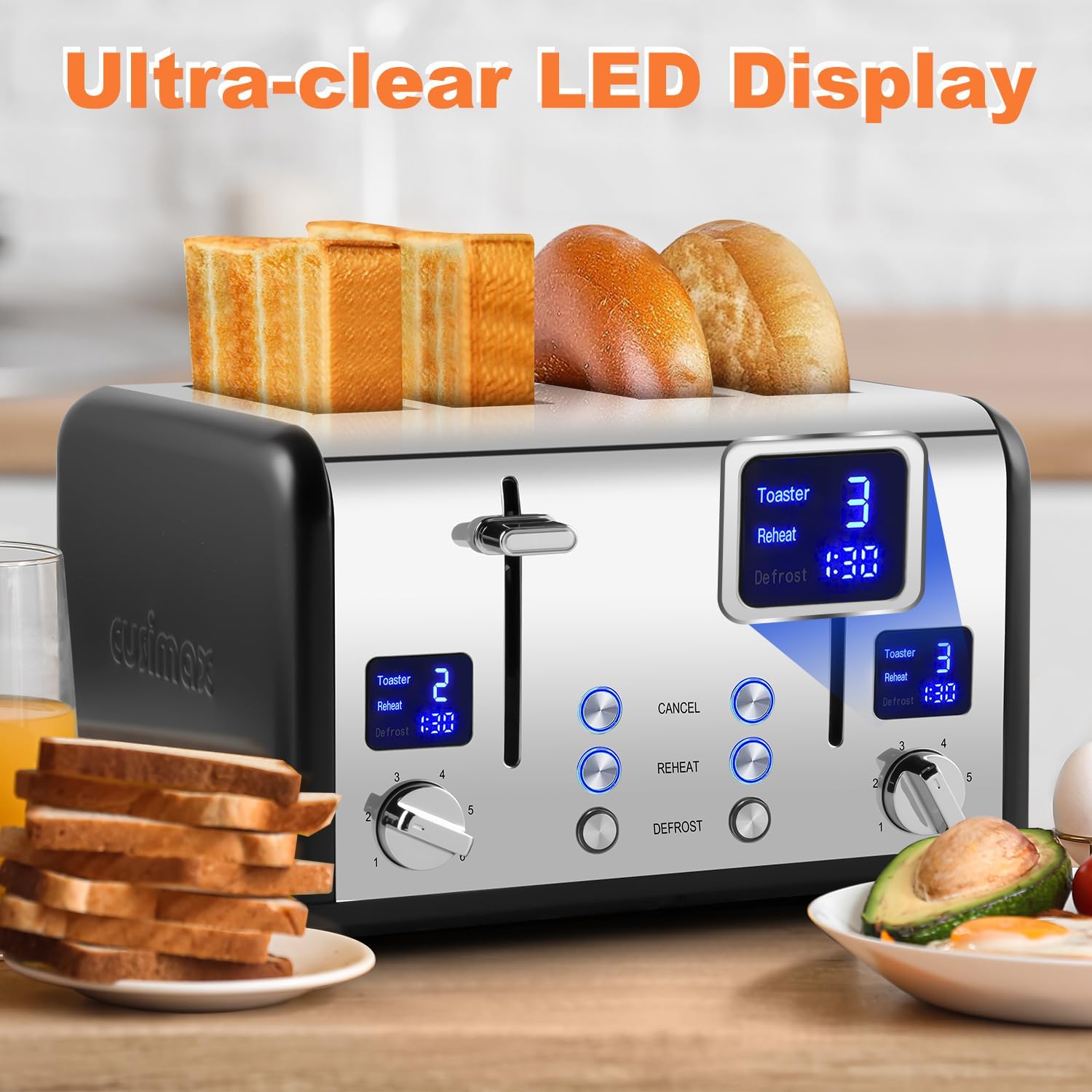 Toaster 4 Slices, Cusimax Stainless Steel Toaster with Ultra-Clear LED Display & 4 Extra-Wide Slots, Defrost/Reheat/Cancel Function, 6 Browning Settings, Removable Crumb Tray, Black - Image 3