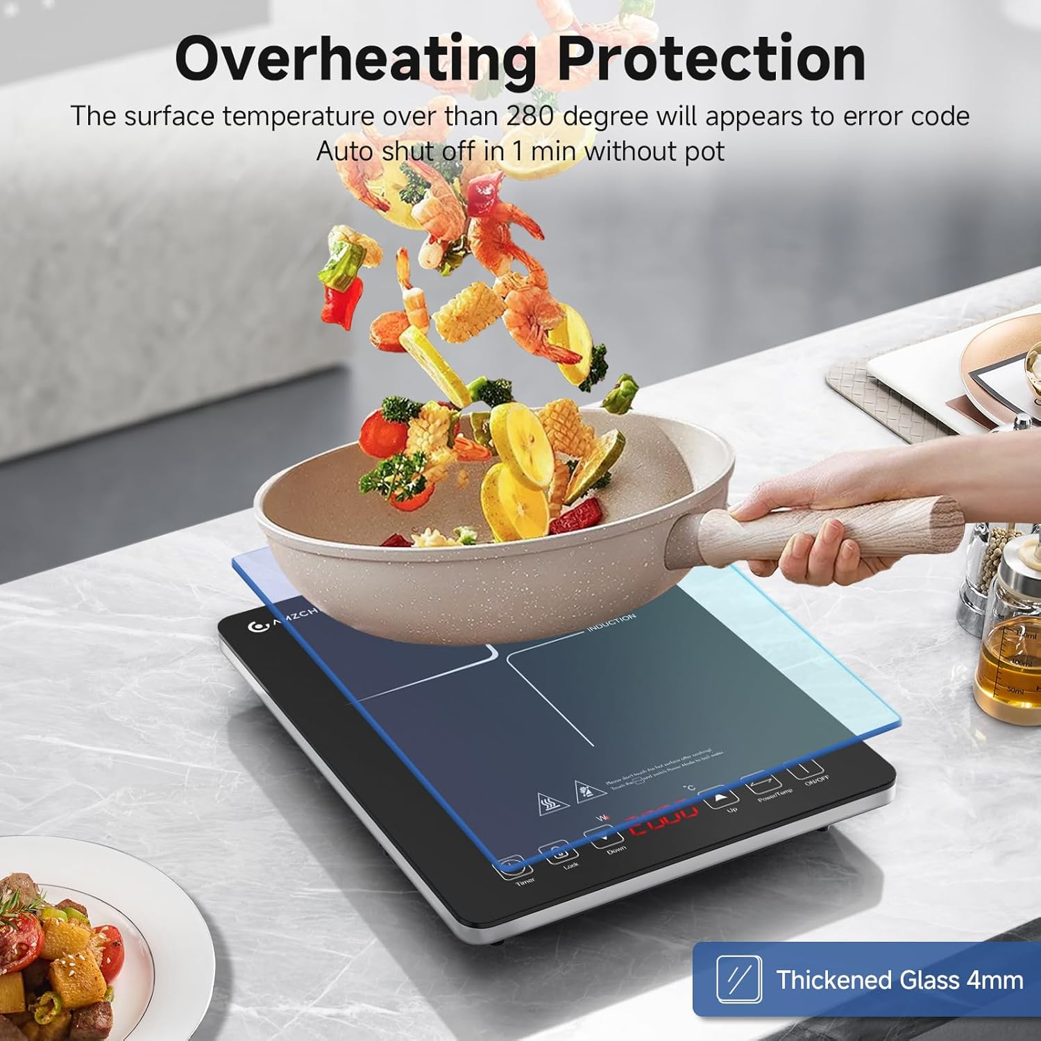 AMZCHEF Single Induction Cooker, Ultra-thin Induction Hob with Fashion Look, 10-level Power and Temperature Control, Black Frosted Glass Panel, Touch Sensor, 3-hour Timer, Safety Lock - Image 7