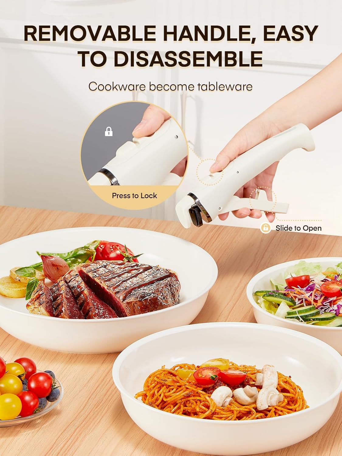 FOHERE Nonstick Frying Pan Set with Detachable Handle, 3PCS 20 24 28 CM Non Toxic Diamond Ceramic Pan, Oven Safe Skillets and Frying Pans, Compatible with All Stoves(Induction), Beige - Image 5