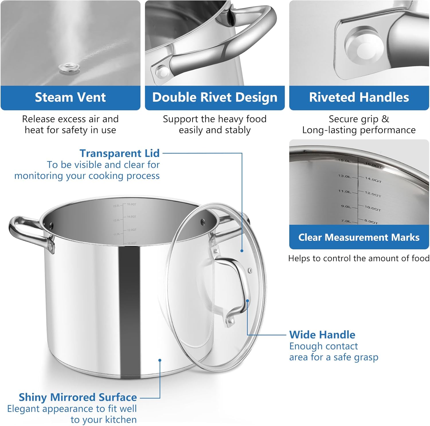 HaWare Extra Large Cooking Pot, 16L Tri-Ply Bottom Stainless Steel Stock Pot with Visible Lid, 30cm Stockpot for Pasta/Meat/Soup, Suit for Induction/Electric/Gas/Ceramic, Healthy & Easy Clean - Image 3