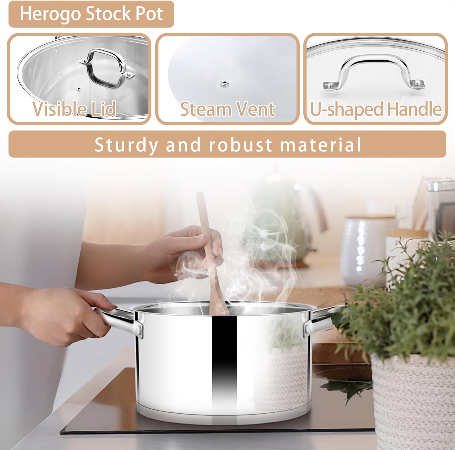 Herogo 7.8L Stock Pot, Stainless Steel Soup Pot with Clear Visible Lid, 26cm Induction Stockpot for Soup, Tri-Ply Bottom for All Stoves, Heavy Duty For Stewing/Cooking, U-shaped Handle, Silver - Image 3