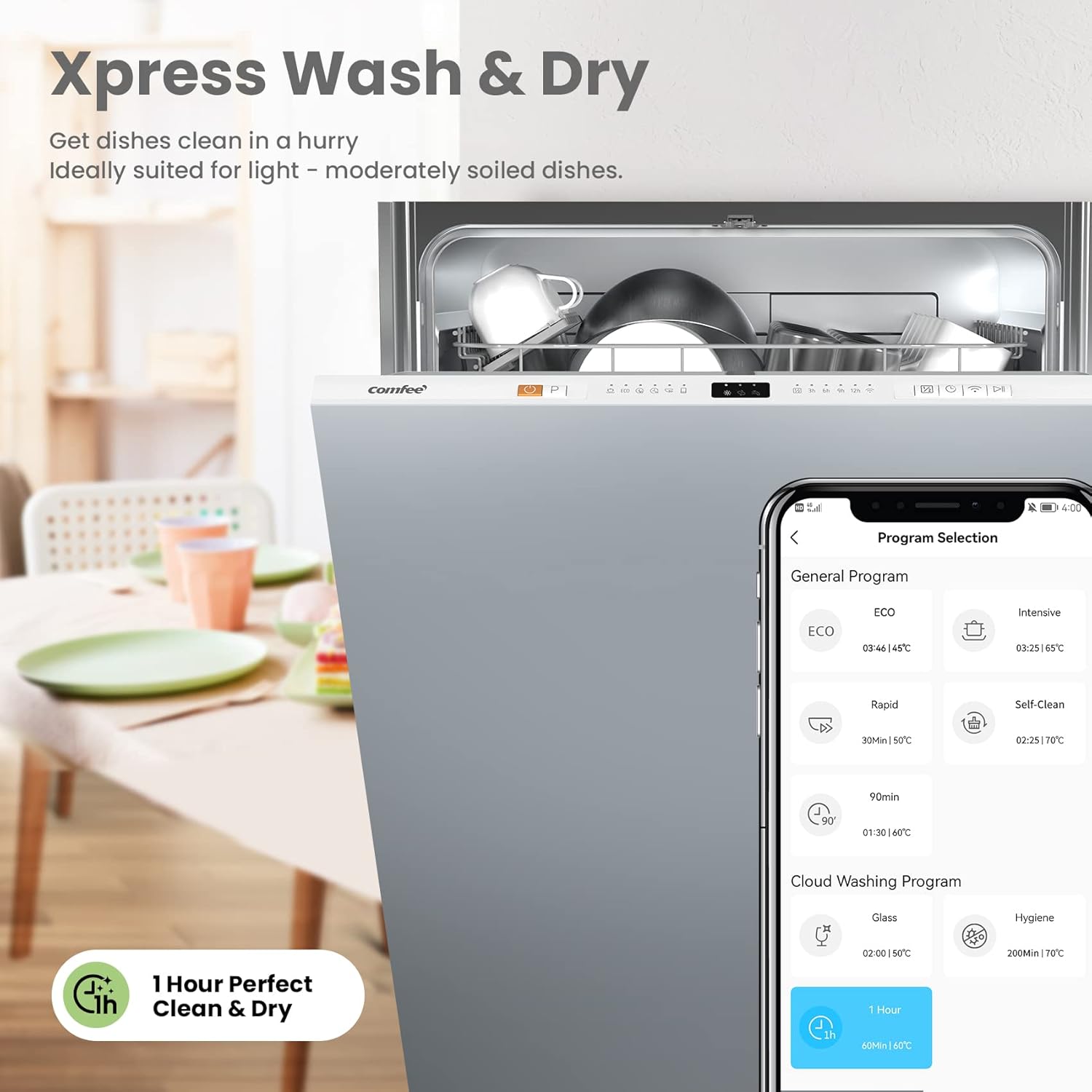 COMFEE' KWH-BD1215P-W Fully Integrated Dishwasher with 12 Place Settings, Cloud Wash, Extra Drying, Built-in Dishwasher with Delay Start, Quick Wash - White - Image 7