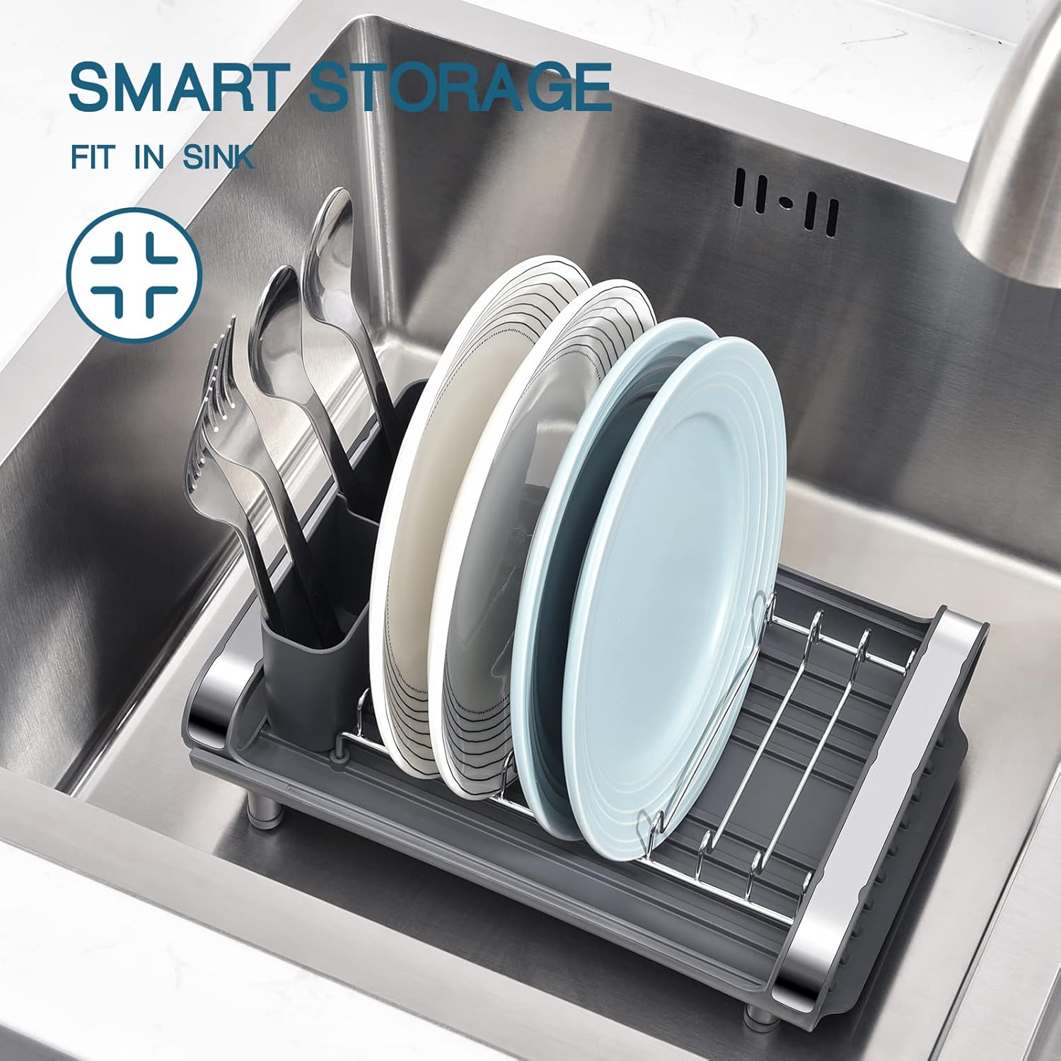 Dish Drainer Rack, Small Dish Drainer, Expandable Dish Rack With Removable Cutlery Holder, Anti Rust Small Drying Rack for Sink, Compact Draining Board Rack For Kitchen Counter, Grey - Image 6