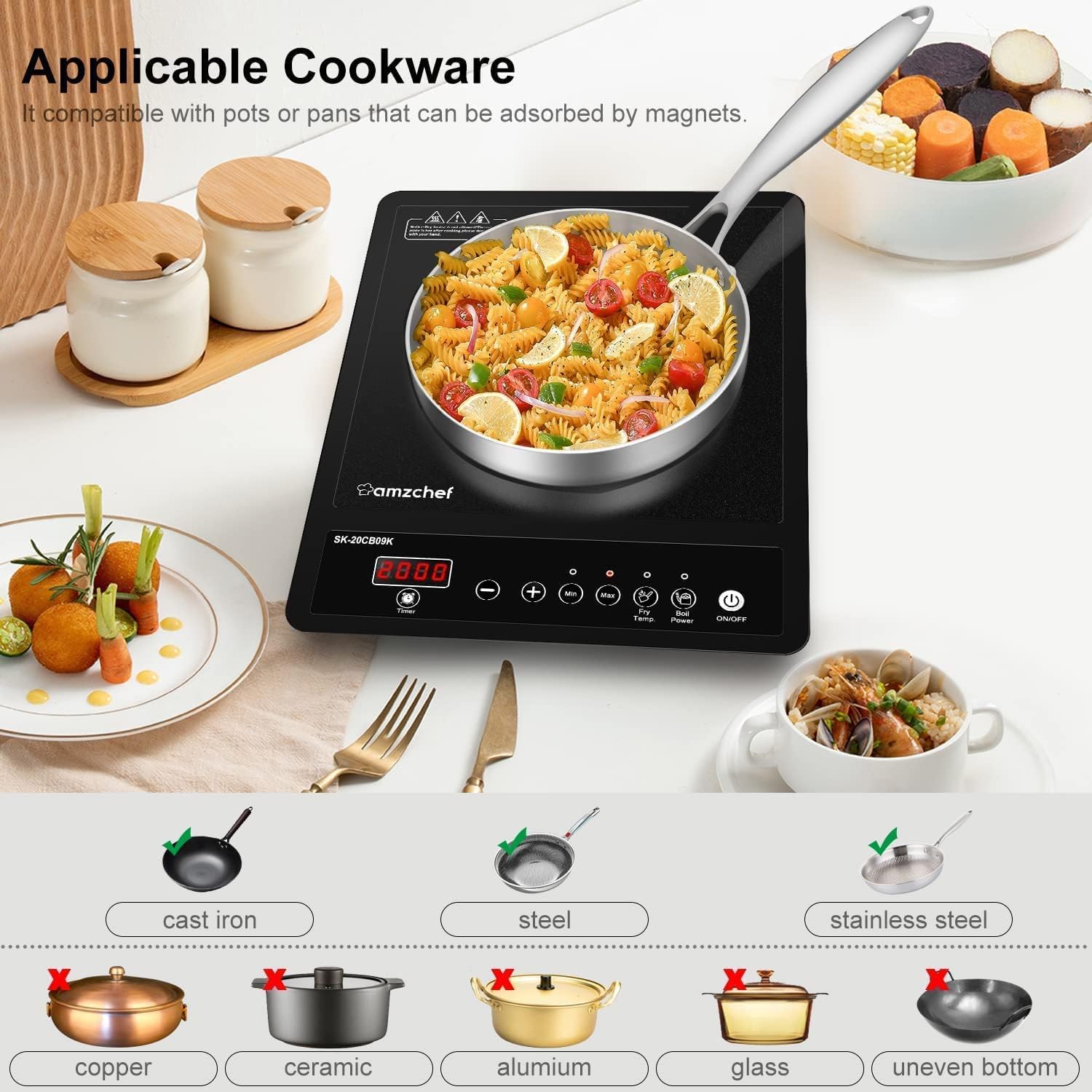 AMZCHEF Single Induction Hob, Portable Induction Hob, 10 Temperature Settings and Power levels from 300W to 2000W, Black Frosted Glass Panel,Sensitive Press Control, 3-hour Timer - Image 5
