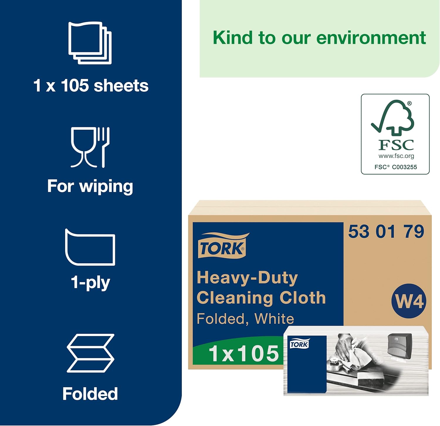 Tork Heavy-Duty Cleaning Cloth White W4, Multipurpose, 1 x 105 Cloths, 530179 - Image 2