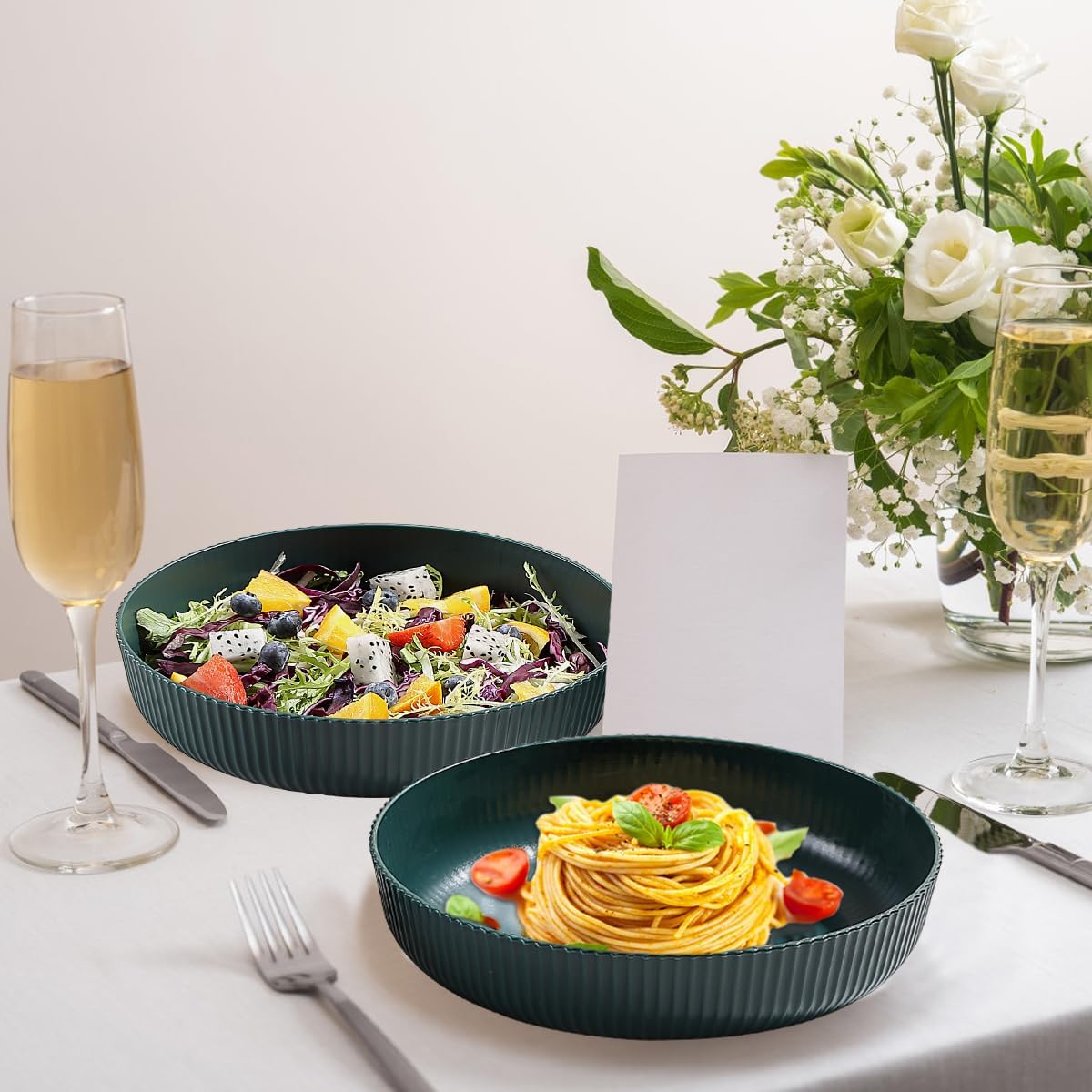 Kyraton Pasta Bowls Set of 4, 1.1L Large Pasta Serving Bowl Plastic Unbreakable Serving Dishes (Dark Green) - Image 7