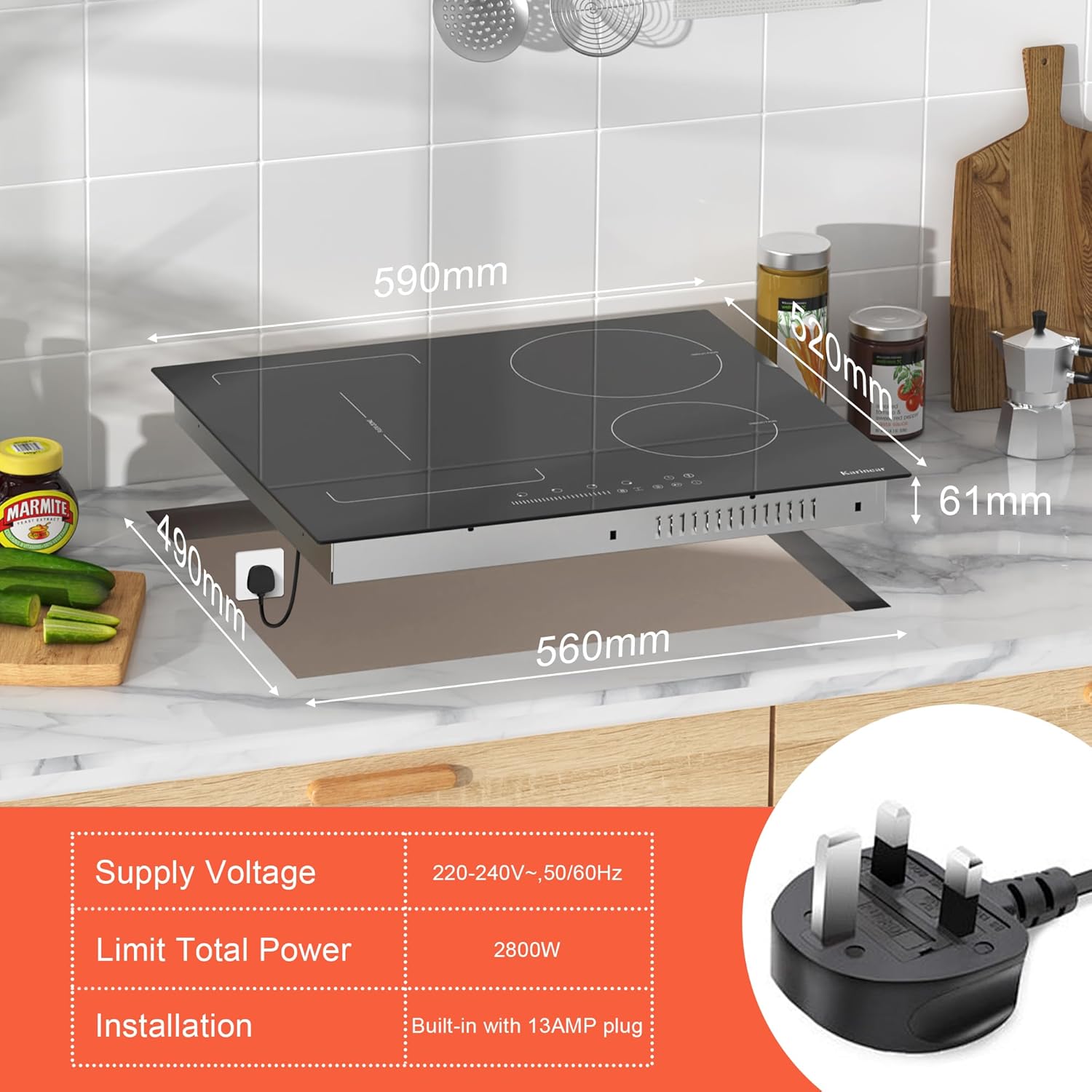 Karinear Flex Induction Hob with 99 Min Timer Safe Lock Black,4 Ring Built in Induction Hob 30cm with 13amp Plug(2800W) - Image 7