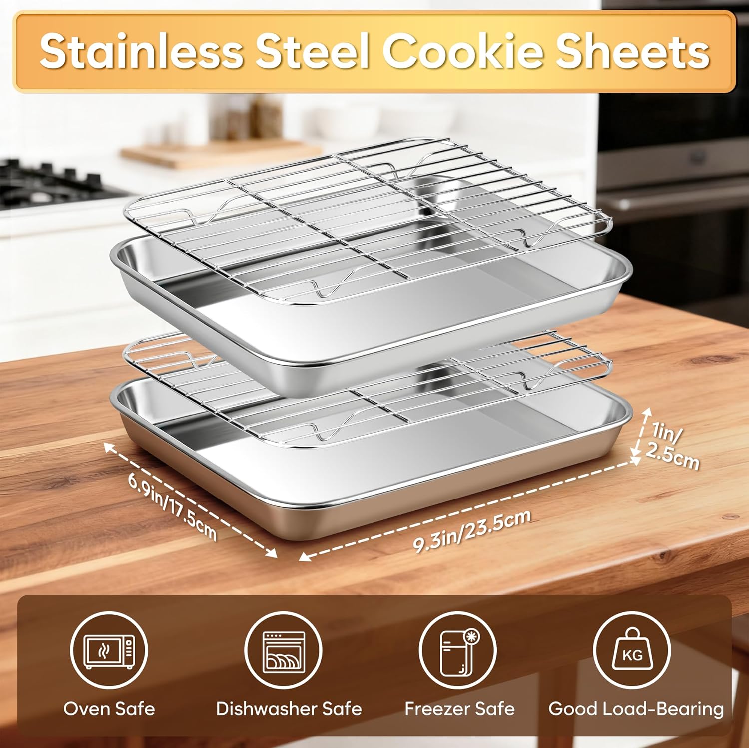 Fire More Baking Tray with Wire Rack, Stainless Steel Cookie Sheet Pan Set, 2 Sets Baking Pans with Cooling Rack for Oven Cooking, Size 23.5 x 17.5 x 2.5 cm - Image 5
