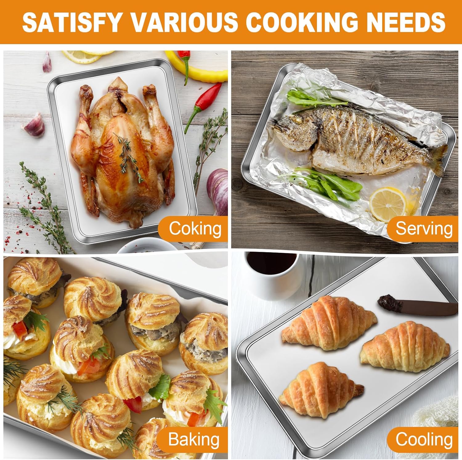 Baking Tray Set of 2, Bastwe Stainless Steel Oven Trays, Rectangle Baking Sheets Pans Perfect for Cooking Serving, Non Toxic & Rust Free, Mirror Finished & Dishwasher Safe (9 x 7 x 1 inch) - Image 5