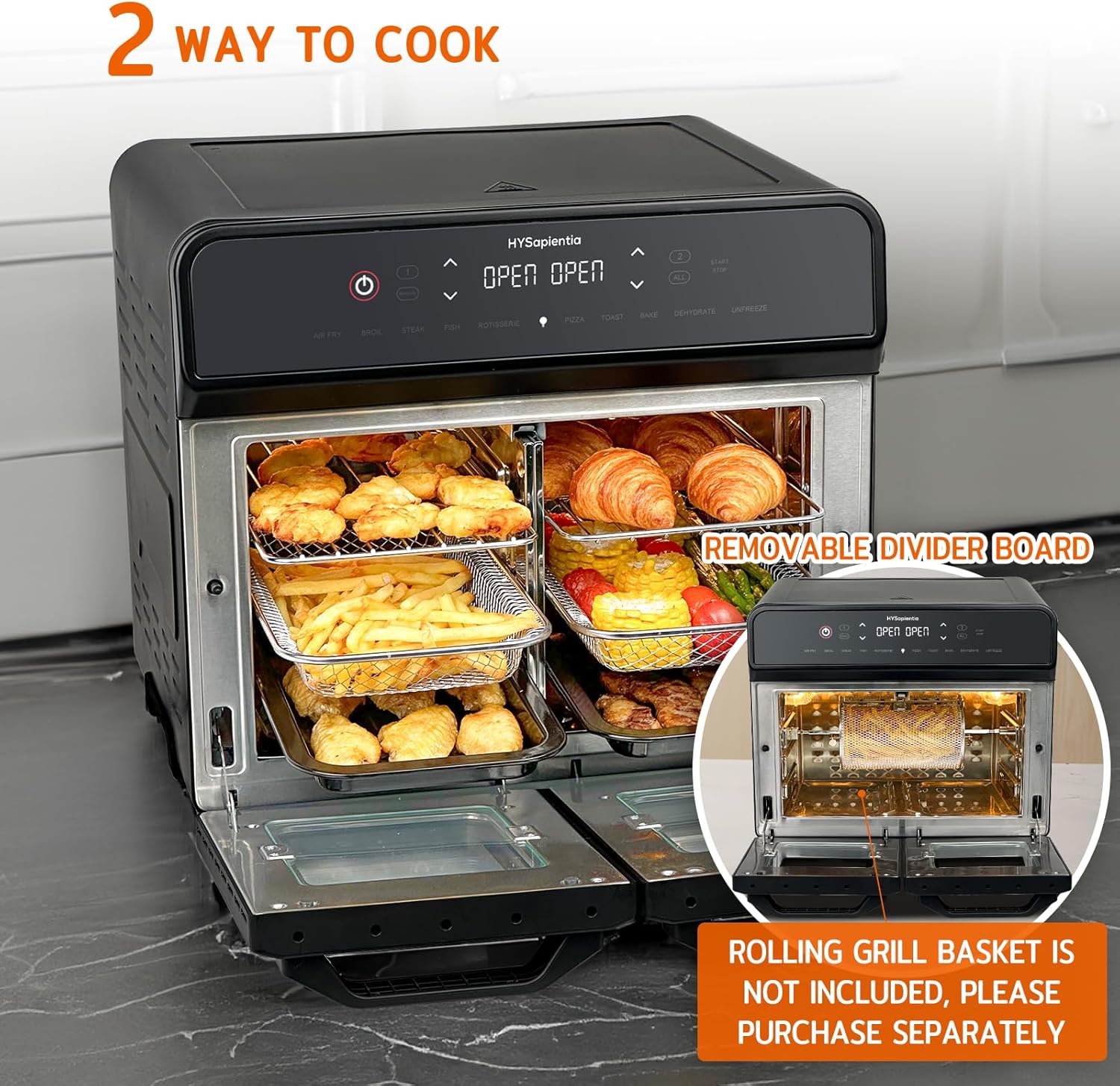 HYSapientia® 22L Dual Zone Air Fryer Oven With Rotisserie,Large Double Air fryers Mini Ovens Digital 2400W 10 in 1 Airfryer Countertop Convection Oven electric and grill,Stainless Steel,13 Accessories - Image 4