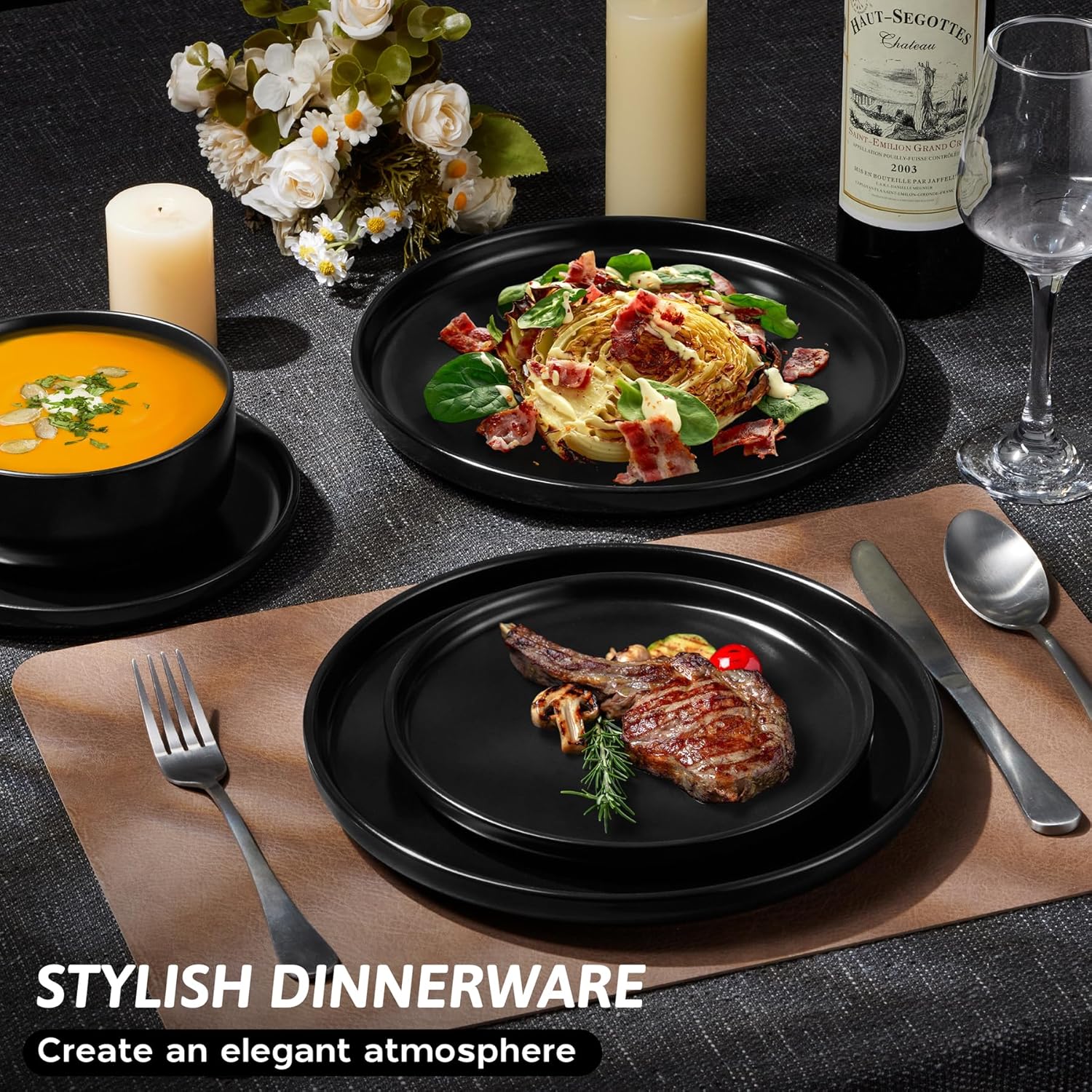 HaWare Dinner Set, 12 Piece Stoneware Dinnerware Service for 4, Elegant Matte Glaze Dining Ware Include Plates and Bowls, Chip and Scratch Resistant, Microwave & Dishwasher Safe, Matte Black - Image 4
