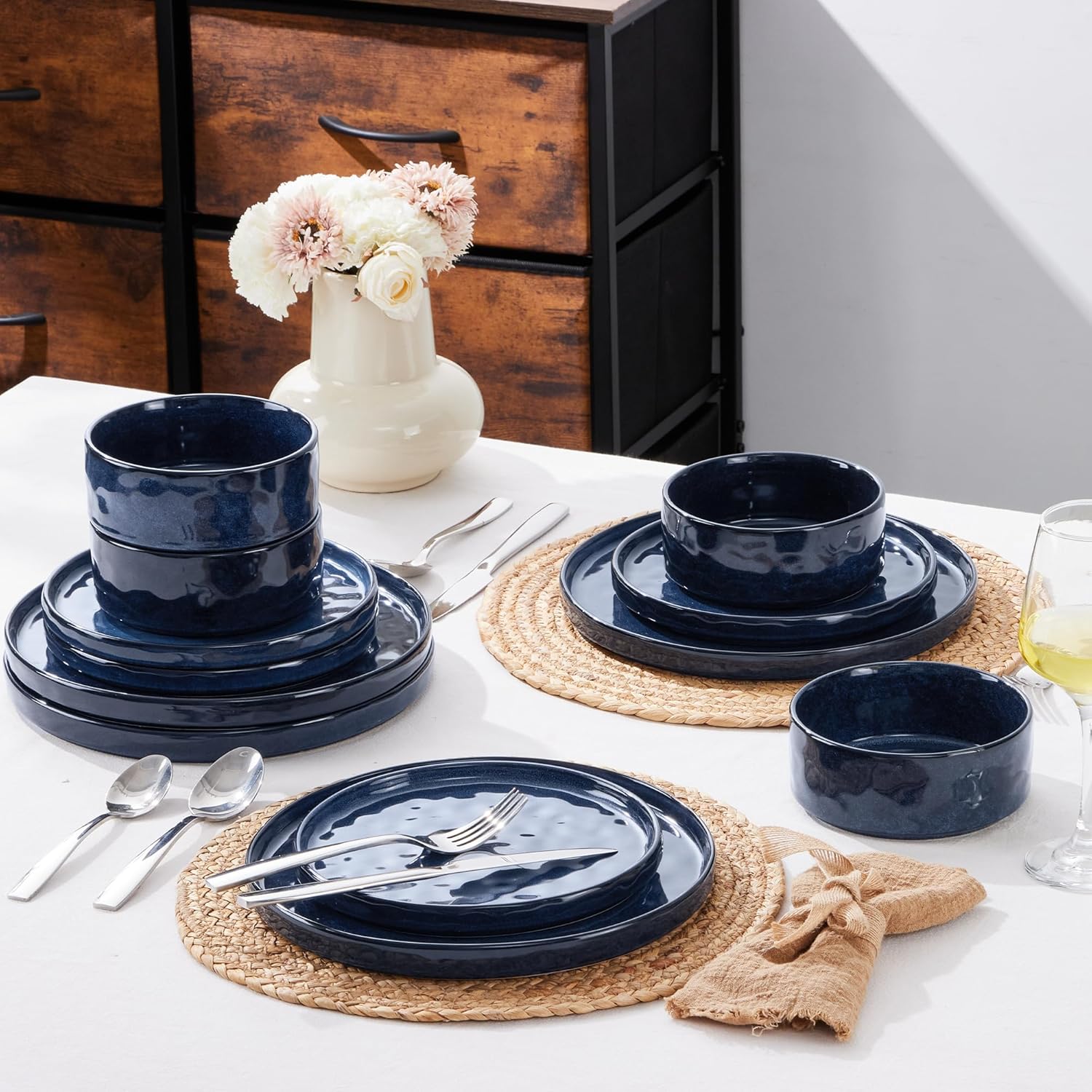 Herogo 12 Piece Dinner Set, Stoneware Dinnerware Sets for 4 People, Reactive Glaze Dining Plates and Bowls, Microwave and Dishwasher Safe, Chip and Scratch Resistant, Nebulas Blue - Image 4