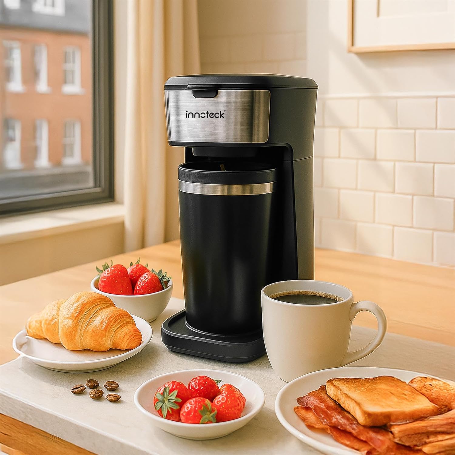 Innoteck 450W Single Serve Coffee Maker with Stainless Steel Interior 400ml Travel Mug – Compact Filter Coffee Machine with Reusable Nylon Filter, Fast Brewing & Overheat Protection – Black - Image 7