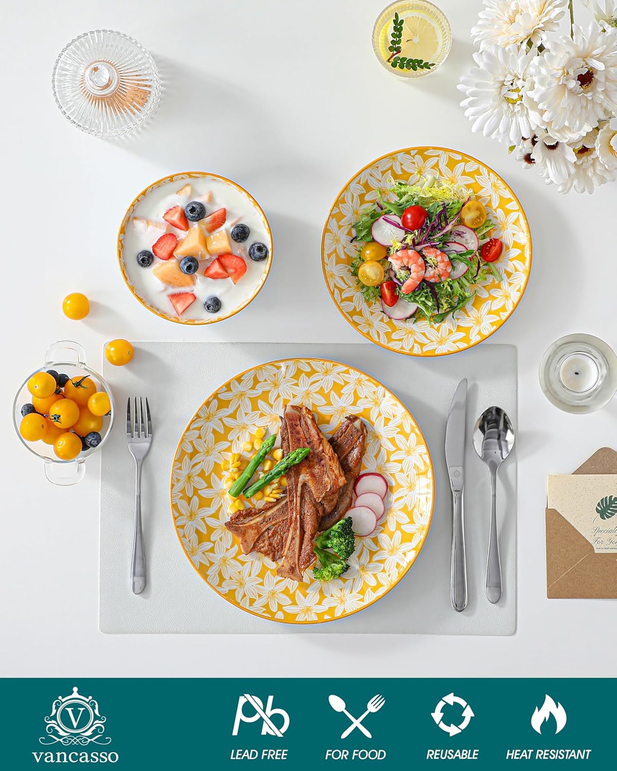vancasso Selene Colorful Floral Porcelain Dinner Set for 6, 18 Pieces Stackable Plates and Bowls Set, Includes Dinner Plates/Dessert Plates/Cereal Bowls, Microwave & Dishwasher Safe for Everyday Use - Image 5