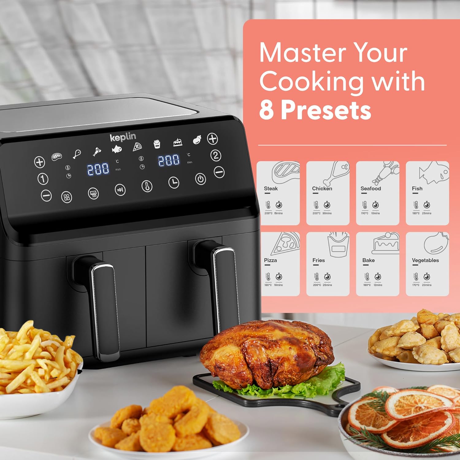 Keplin 9L Dual Zone Air Fryer - 8 in1 Cooking Functions - 2700W Energy-Saving Cooker - Extra-Large Capacity for Healthy Meals - Roast, Bake, Dehydrate, Reheat,- Family Size (9L)- 2 Years Warranty - Image 5