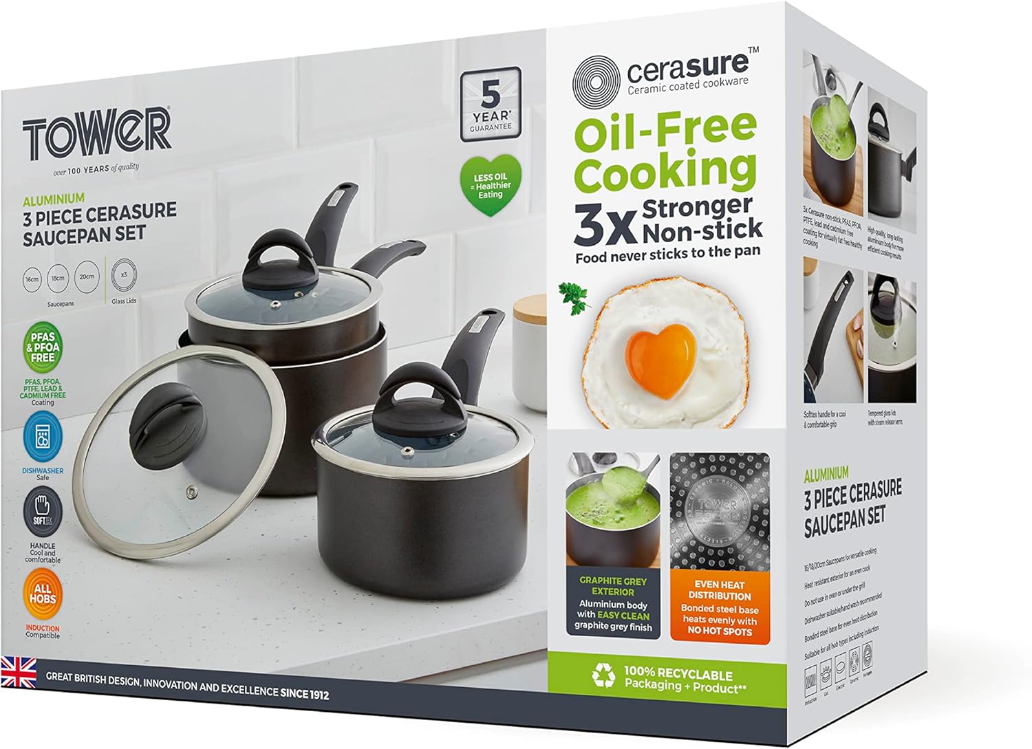 Tower T80302 Cerasure 3 Piece Saucepan Set with Non-Stick Coating, Suitable for All Hob Types Including Induction, 16/18/20cm, Graphite - Image 11