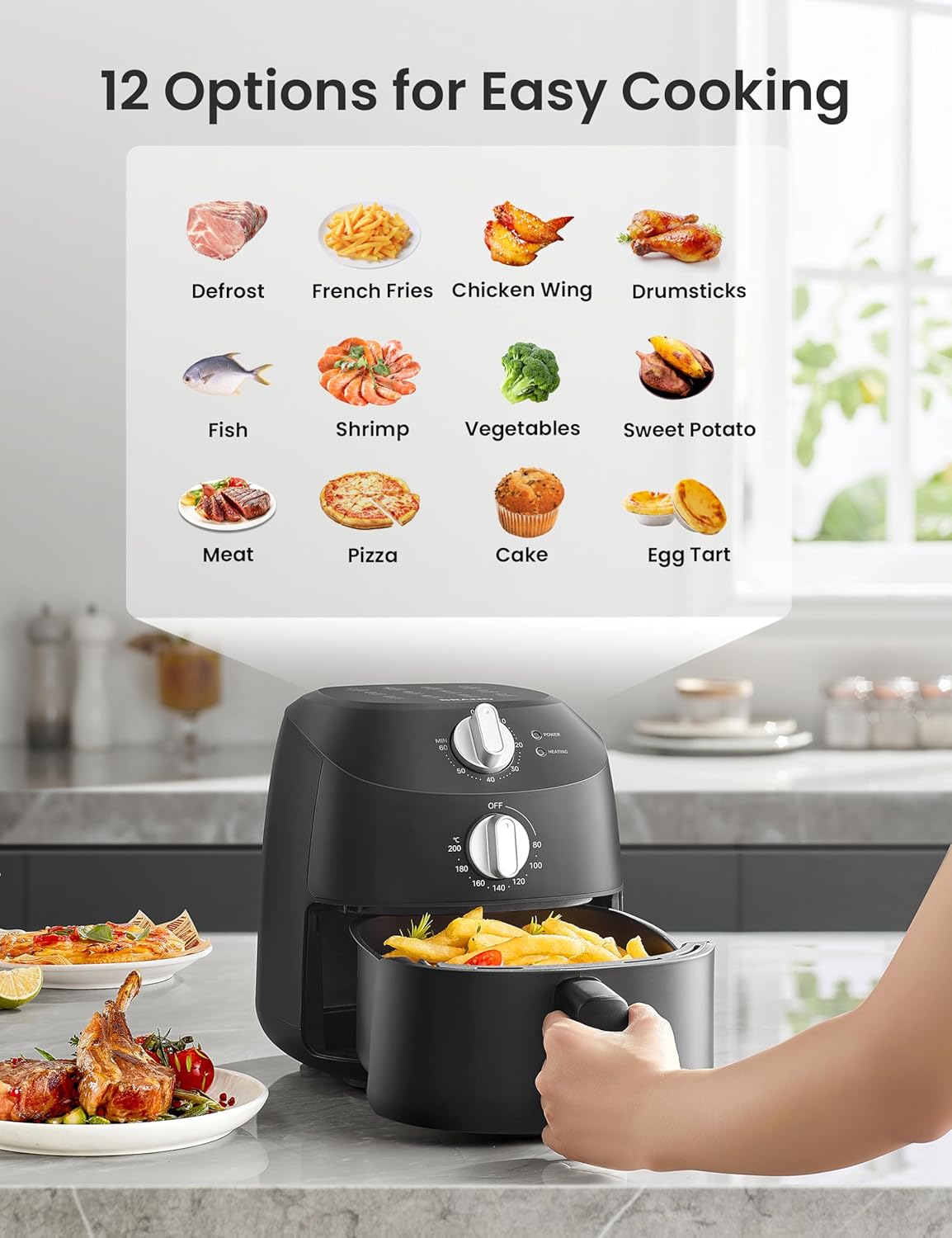 Midea Compact 2L Air Fryer – 12 Preset Menus, Adjustable Timer, 80-200°C Temperature Control, 1150W, Dishwasher-Safe Non-Stick Basket, BPA-Free, Space-Saving Design – Ideal for Small Kitchens (Black) - Image 3