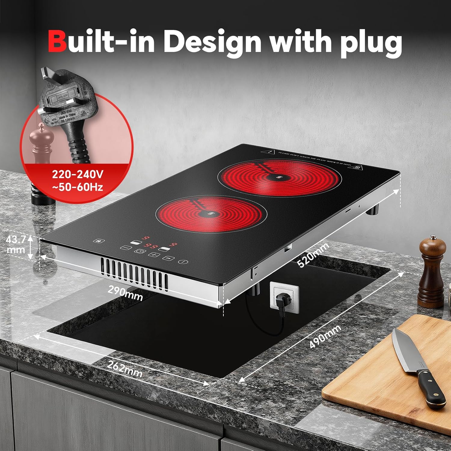 Ceramic Hob 2 Zones, Electric Plug in Hob 30cm 2 Burners, 2800W, 9 Power Levels, 1-99 min Timer, Residual Heat Indicator, Child Safety Lock, Compatible with All Pans & Pots - Image 5