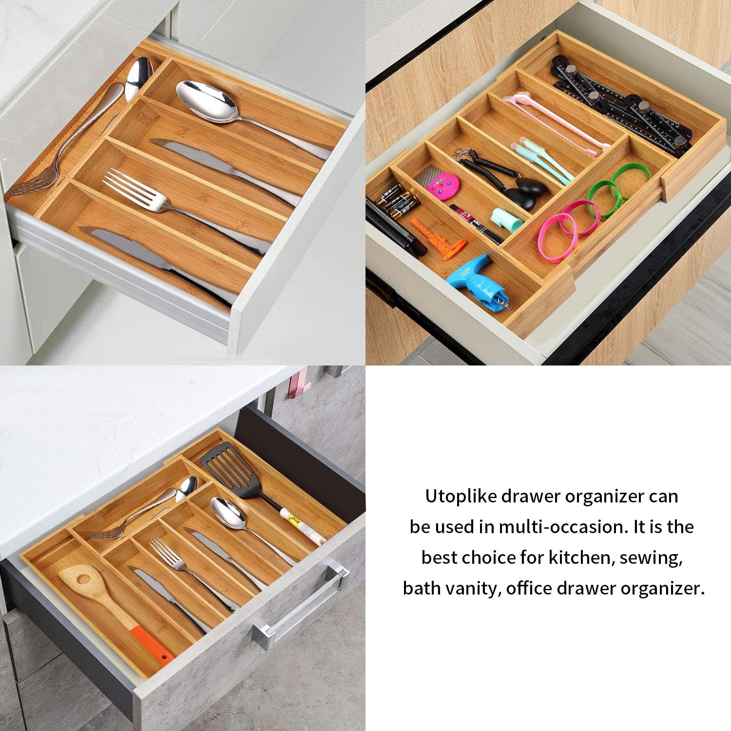 Utoplike Kitchen Bamboo Cutlery Tray, Extendable Drawer Divider, Wooden Drawer Organiser for Utensils, Flatware, Office Supplies, Tools Holder in Livingroom, Bathroom - Image 6