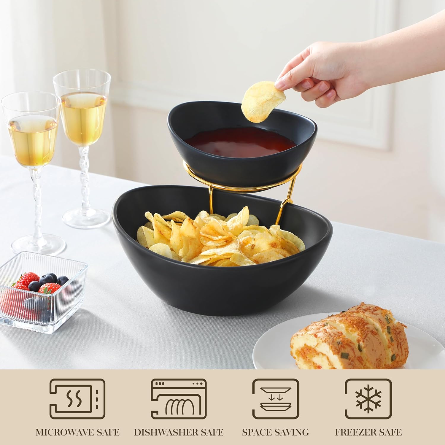MALACASA 2 Tier Chip and Dip Serving Set with Metal Stand,Ceramic Appetizer Bowls for Party, Multi-Use Food Display for Fruits, Snacks, Black Elegant Tiered Serving Dishes for Party - Image 4