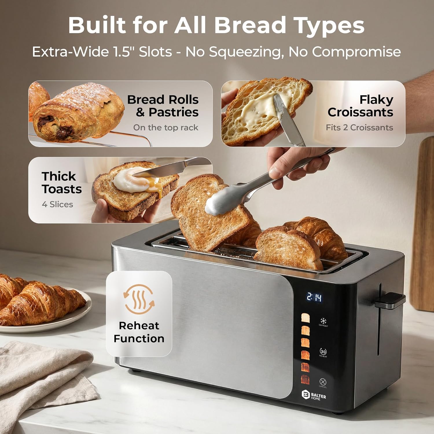 Balter Toaster 4 Slice wide slots, Long Slot, Stainless Steel, Touch Screen, Built-in Rack, Extra wide slots for Thick Breads & Bagel, Timer, BPA-Free, Removable Tray, Silver/Touch - Image 3