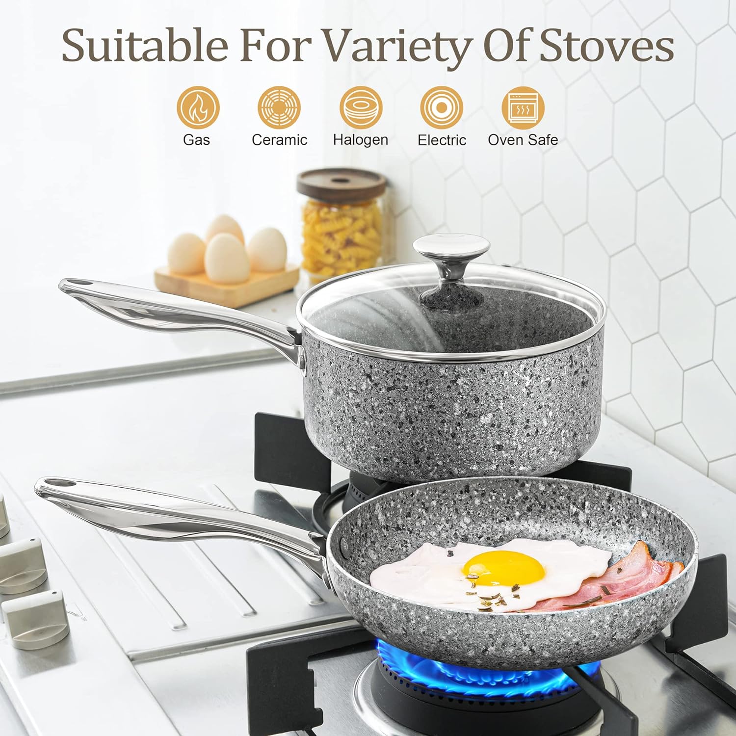 MICHELANGELO 26CM Frying Pan with Lid, Non Stick Fry Pan, Stone-Derived Coating Omelette Pan for Induction, Granite Skillets with Lid-Oven Safe - Image 5