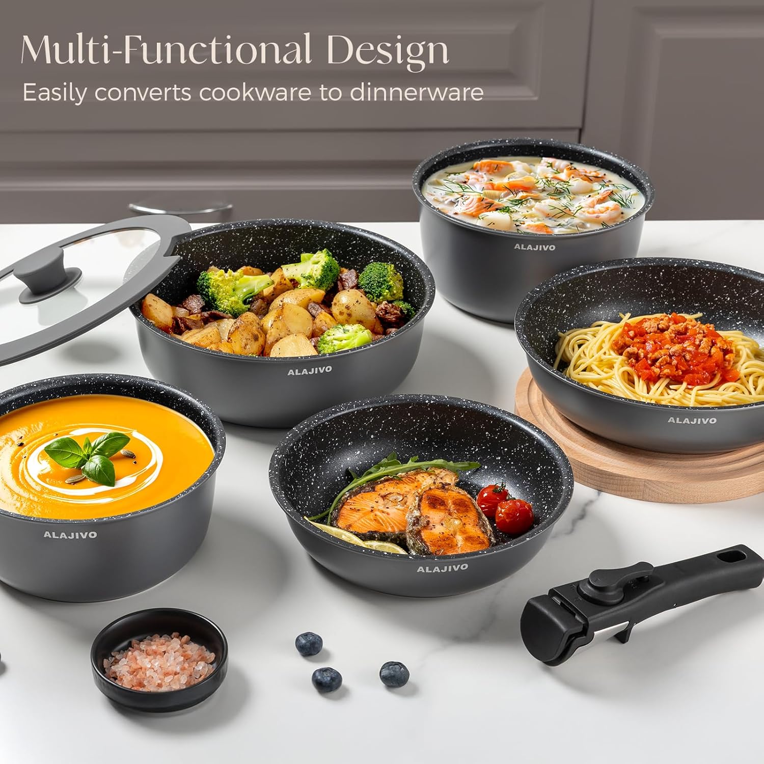 Non Stick Pots and Pans Set 17 Piece, Induction Hob Pan Set, Nonstick Removable Handle Kitchen Cookware Sets, Pot Set, Frying Pans Sets, Saucepan Sets with Lids - Image 7