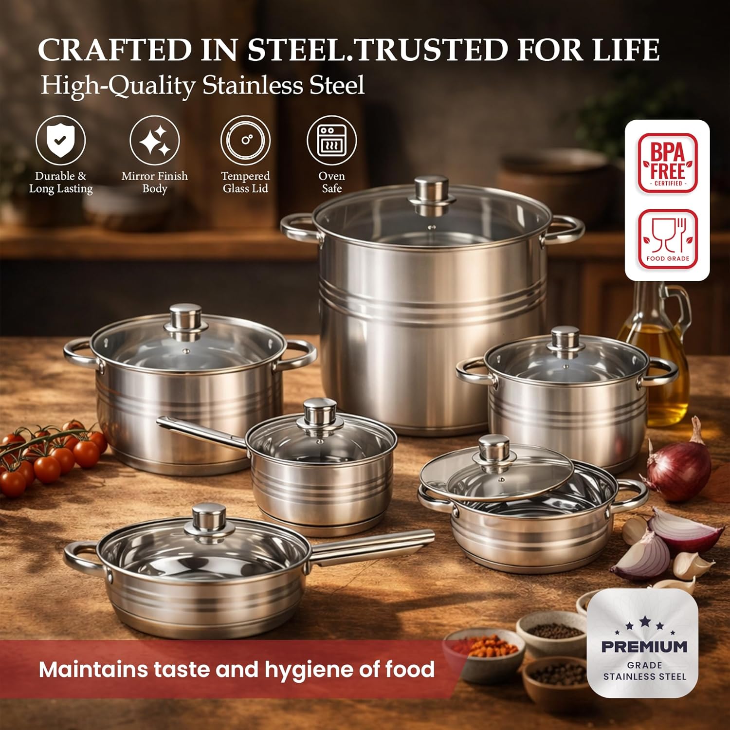 12 Pcs Stainless Steel Pots and Pans Set - Induction Compatible Cooking Pots & Pans with Glass Lids - Casserole, Frypan, Saucepan, and Stockpot Set Dishwasher Safe Kitchen Cookware Set - Image 3