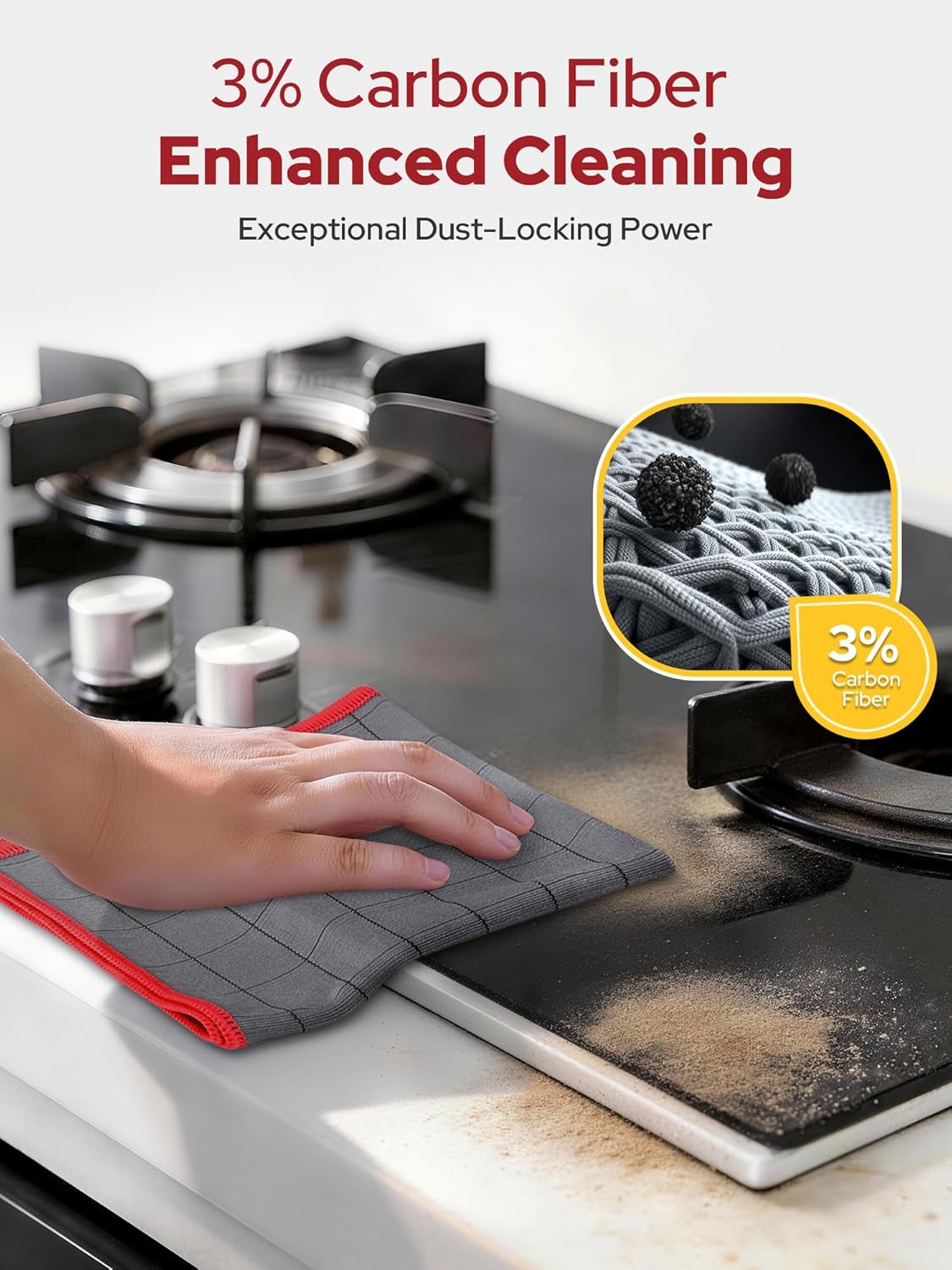 Euqvunn Carbon Microfibre Cleaning Cloths (8 Pack, 30x40cm) – 400GSM Lint-Free & Streak-Free | Grid Pattern for Stubborn Dirt & Grease | For Home, Kitchen, Car & Glass – Red - Image 4