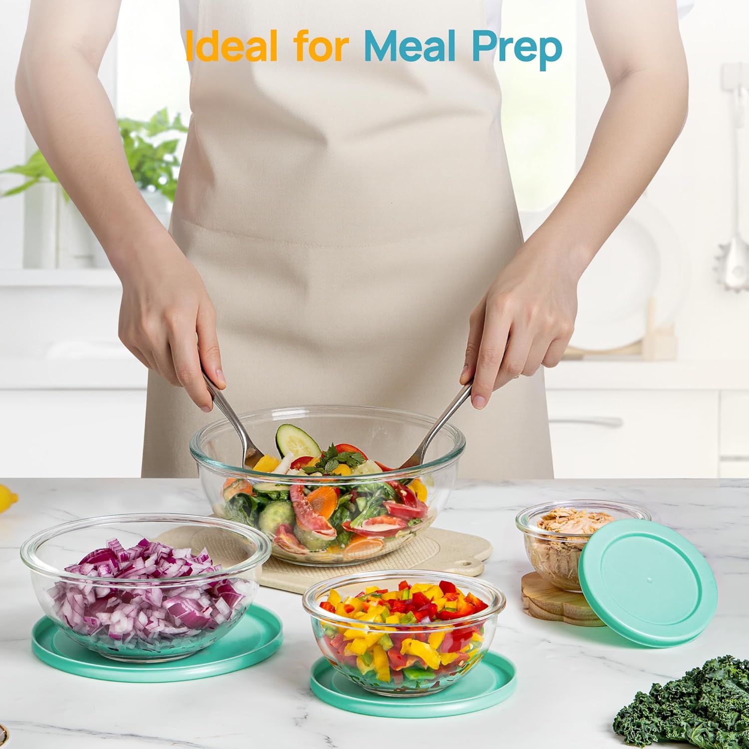 Vtopmart Glass Mixing Bowls with Lids, Set of 5 Borosilicate Glass Salad Bowl, Nesting Kitchen Serving Bowls for Prep, Cooking, Baking, Microwave Freezer Dishwasher Safe (0.2/0.5/1.0/2.0/3.5 L) - Image 4