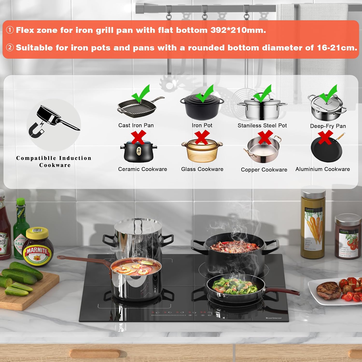 Karinear Flex Induction Hob with 99 Min Timer Safe Lock Black,4 Ring Built in Induction Hob 30cm with 13amp Plug(2800W) - Image 5