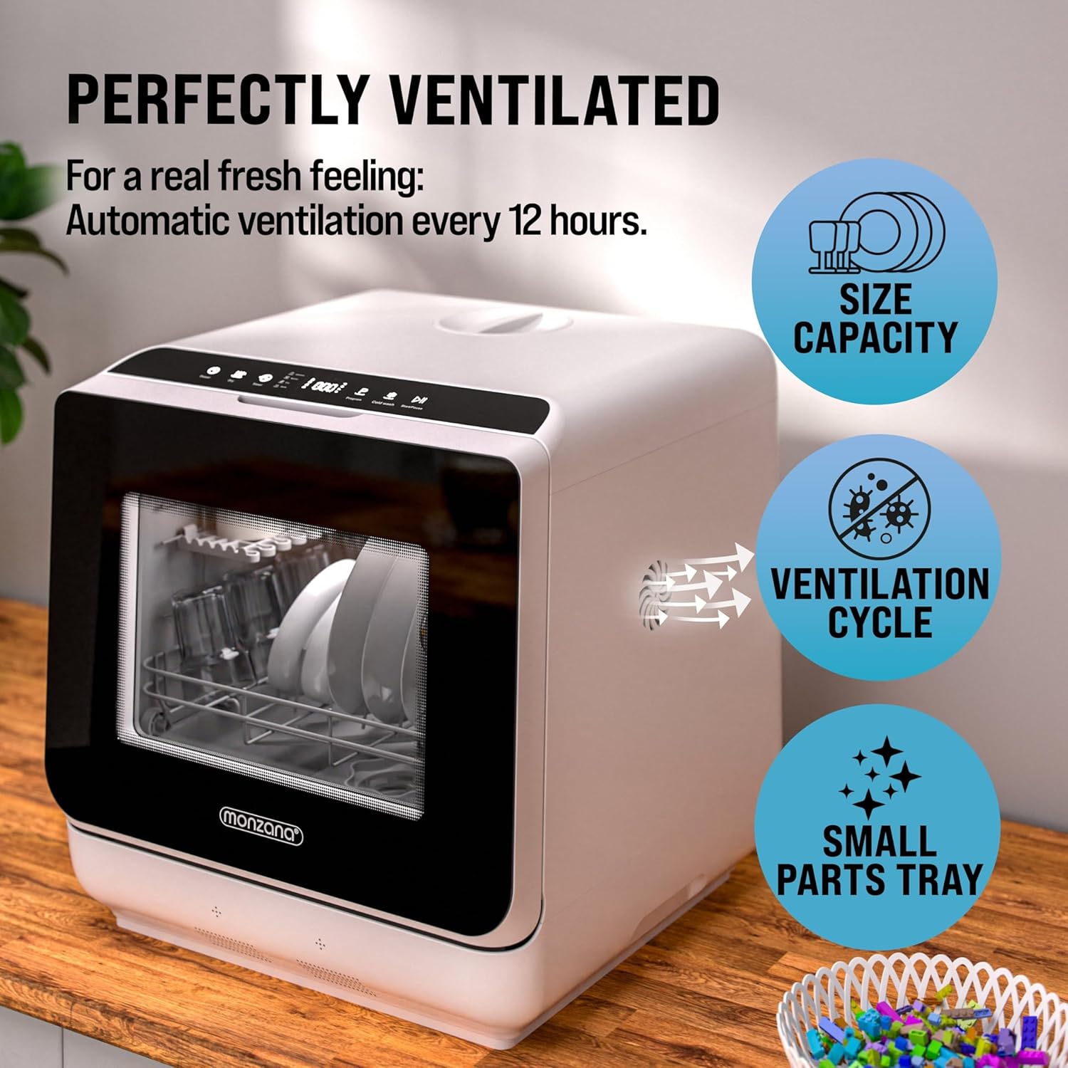 MONZANA® Tabletop Dishwasher with 4.5 Litre Water Tank | No Water Connection Needed | WiFi App 6 Programs 4 Place Settings | Small 45cm Mini Single Dish Washer - Image 6
