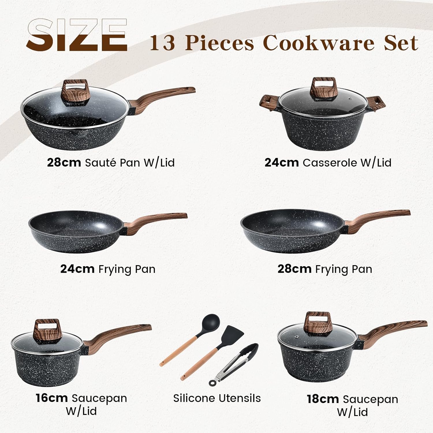 Terlulu Induction Hob Pots and Pans Set - 13pcs Nonstick Cooking Pans Set, Black Granite Cookware Set with Lid, Non Stick Saucepan Set, Frying Pan Set, PFAS PTFE PFOA PFOS Free - Image 2