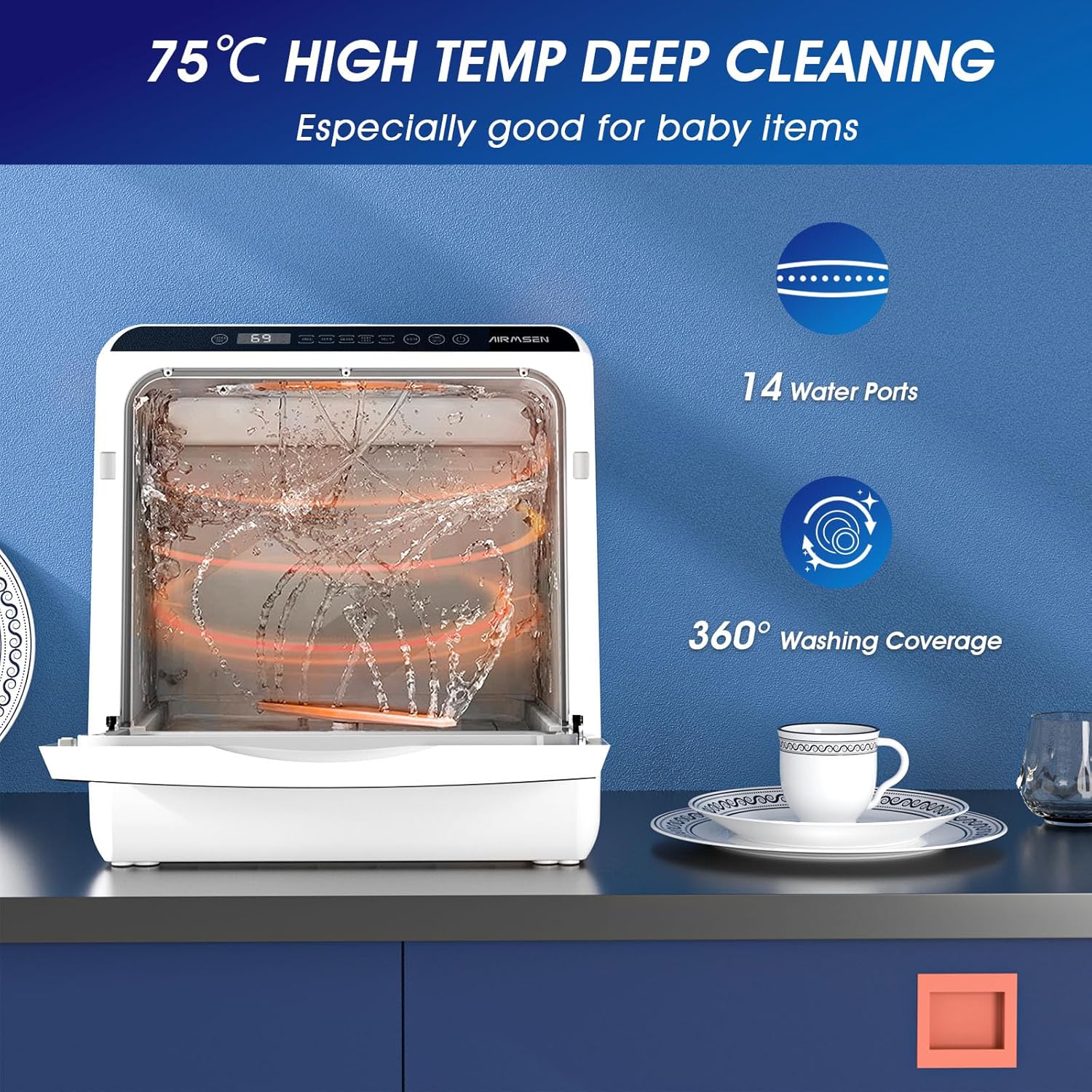 AIRMSEN Mini Table Top Dishwasher - Upgraded 6 Programs Portable Countertop Dishwasher No Plumbing with 2 Water Supply Modes for Kitchen Apartment Outdoor - with Baby Care Mode - Image 5